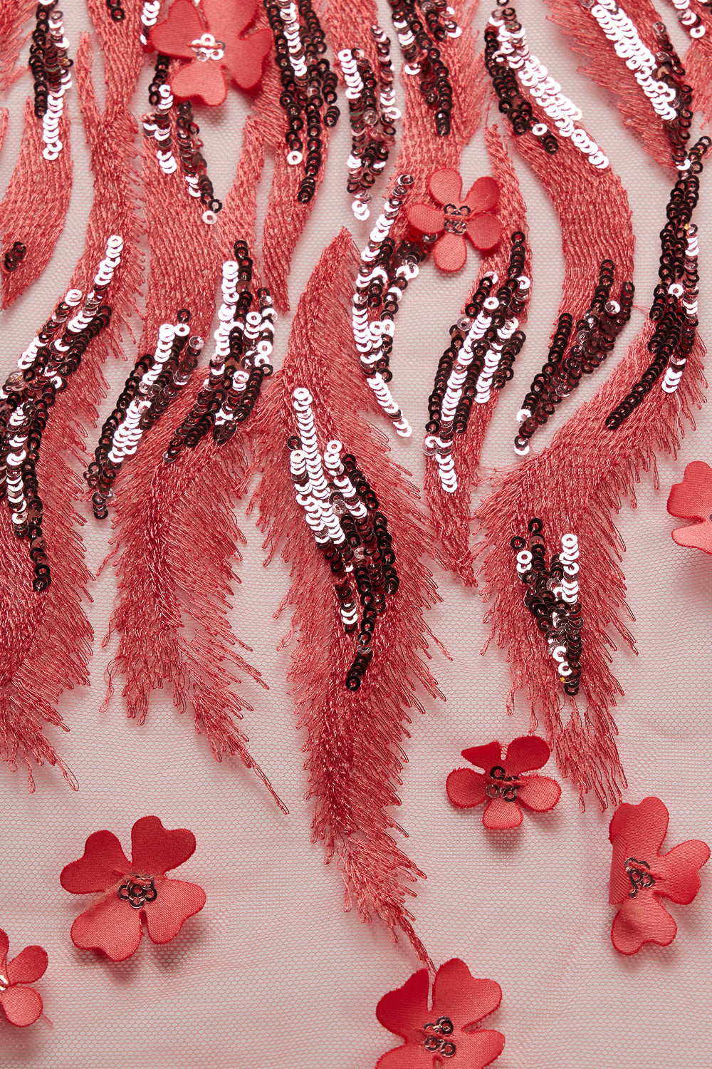 TULLE WITH METALLIC EMB & ACCESSORIES W/APPLIQUE 100% POLYESTER 50/ 52" CORAL - Exquisite Fabrics