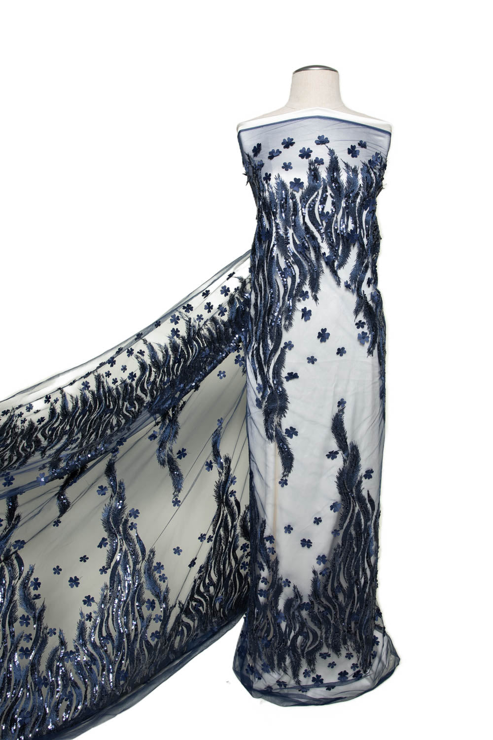 TULLE WITH METALLIC EMB & ACCESSORIES W/APPLIQUE 100% POLYESTER 50/ 52" NAVY - Exquisite Fabrics