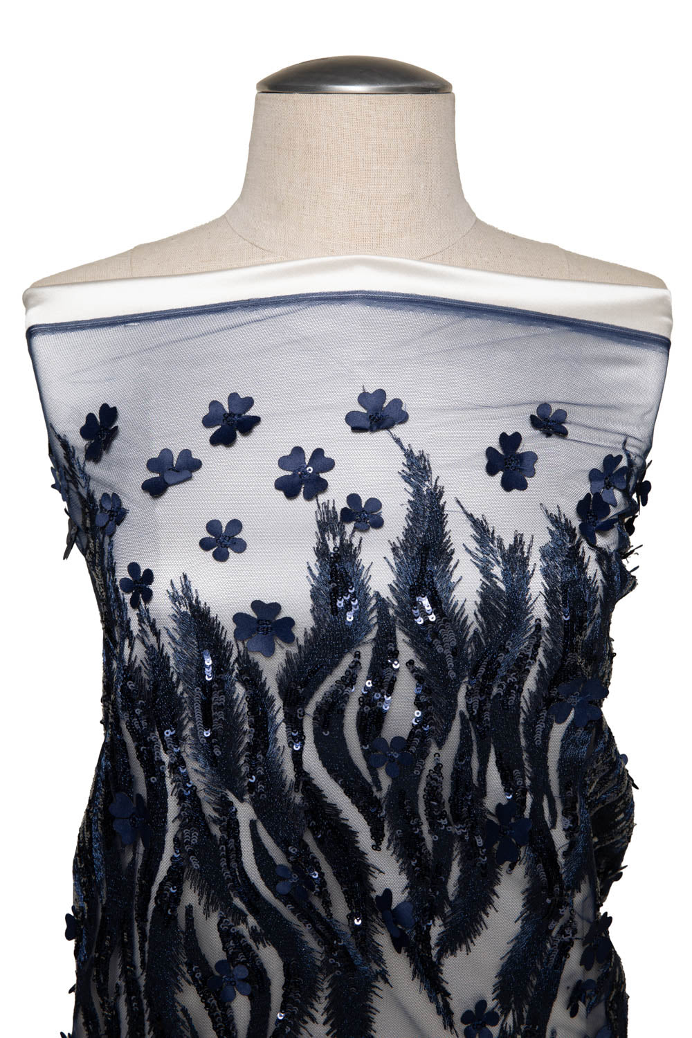 TULLE WITH METALLIC EMB & ACCESSORIES W/APPLIQUE 100% POLYESTER 50/ 52" NAVY - Exquisite Fabrics