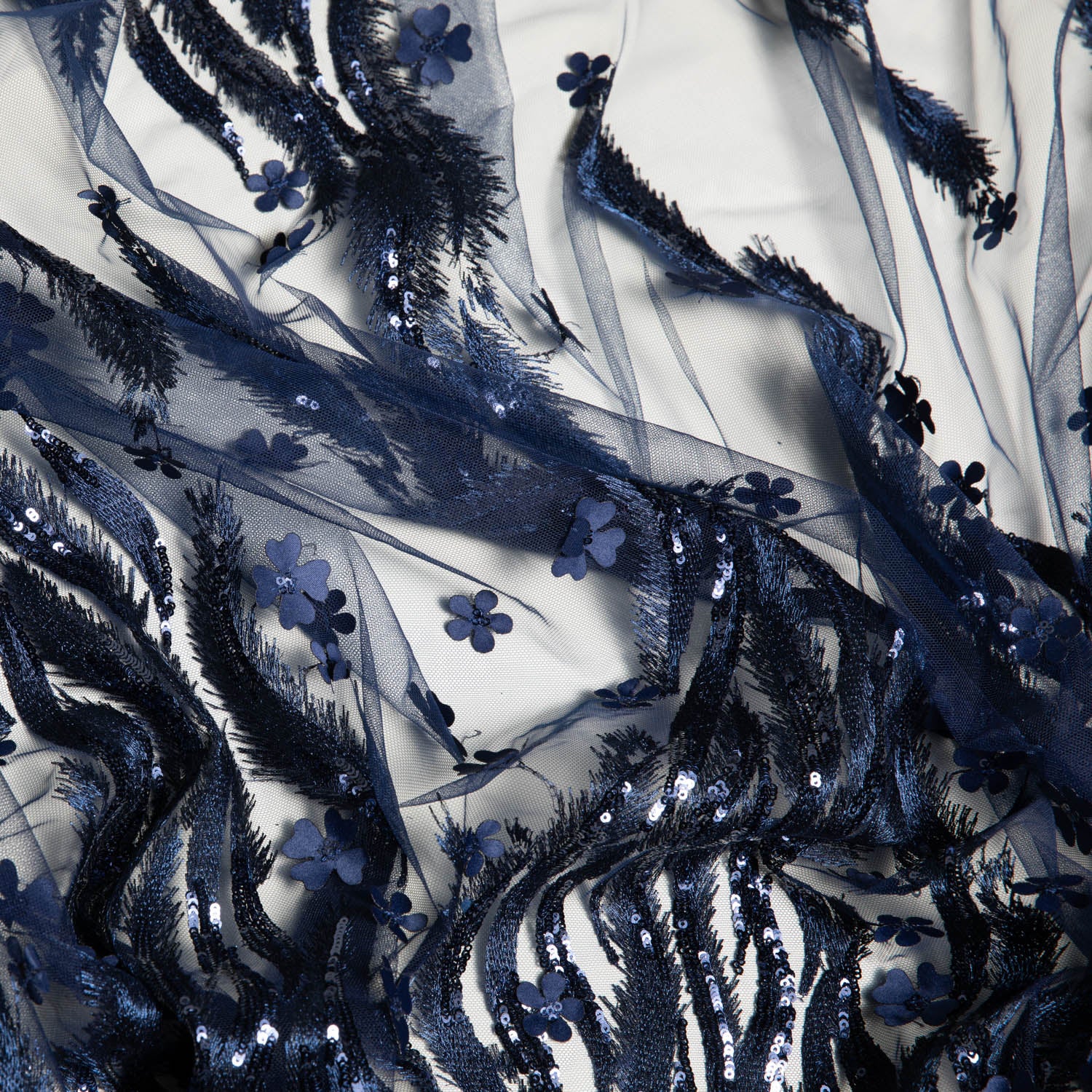 TULLE WITH METALLIC EMB & ACCESSORIES W/APPLIQUE 100% POLYESTER 50/ 52" NAVY - Exquisite Fabrics