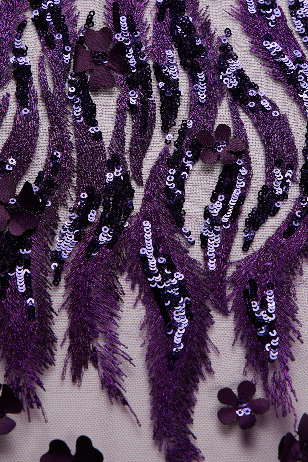 TULLE WITH METALLIC EMB & ACCESSORIES W/APPLIQUE 100% POLYESTER 50/ 52" PURPLE - Exquisite Fabrics