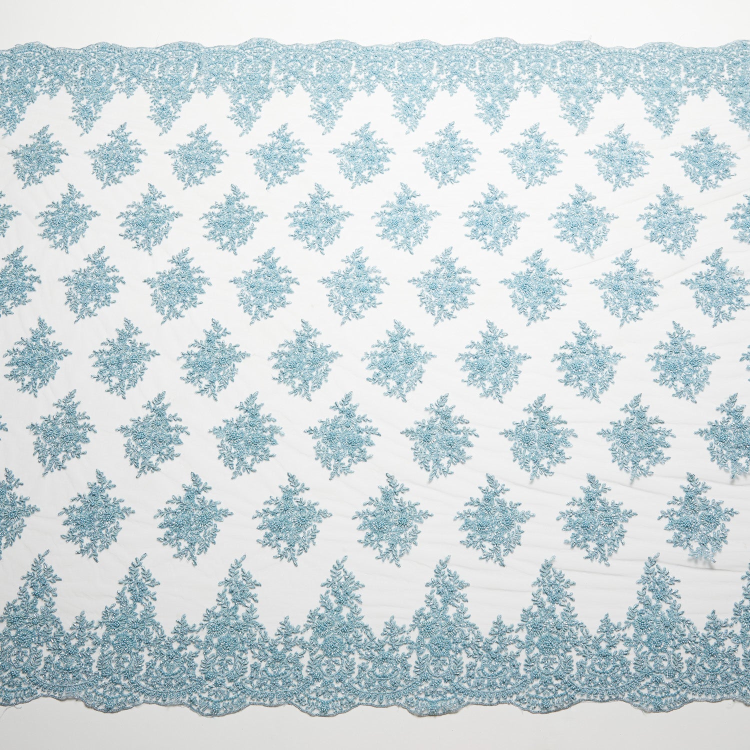 TULLE WITH METALLIC EMB WITH BEADS AND SEQ 100% POLYESTER 50/ 52" BABY BLUE - Exquisite Fabrics