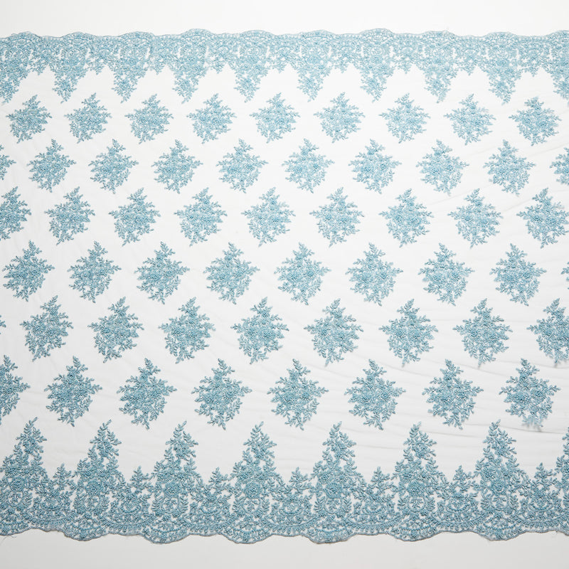 TULLE WITH METALLIC EMB WITH BEADS AND SEQ 100% POLYESTER 50/ 52" BABY BLUE - Exquisite Fabrics