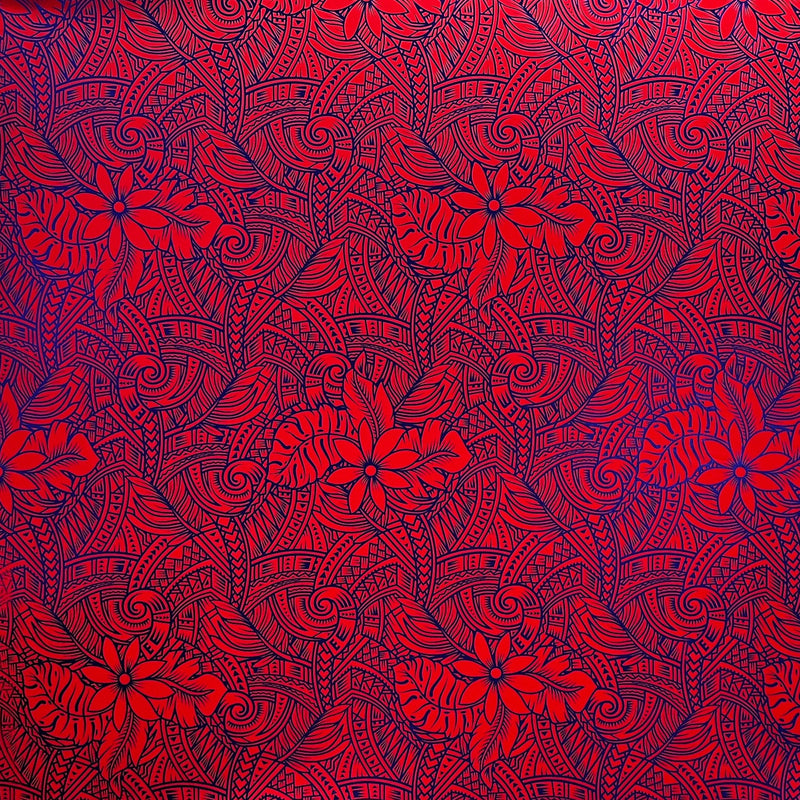 Traditional Polynesia Tattoo Gardenia Taitensis & Tropical Leaves Foil Fabric | Islands Fabric