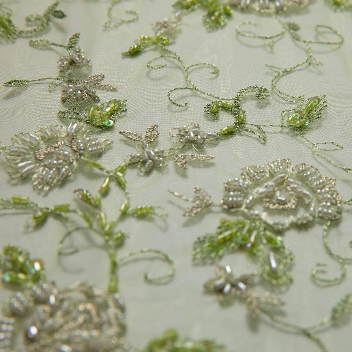 GREEN EMBROIDERED TULLE LACE FABRIC WITH LAVISH 3D DESIGN 52" WIDE | Exquisite Fabric
