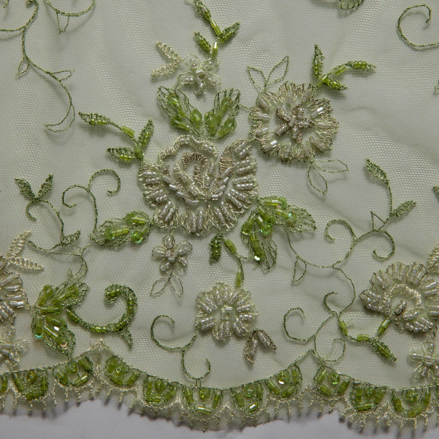 GREEN EMBROIDERED TULLE LACE FABRIC WITH LAVISH 3D DESIGN 52" WIDE | Exquisite Fabric