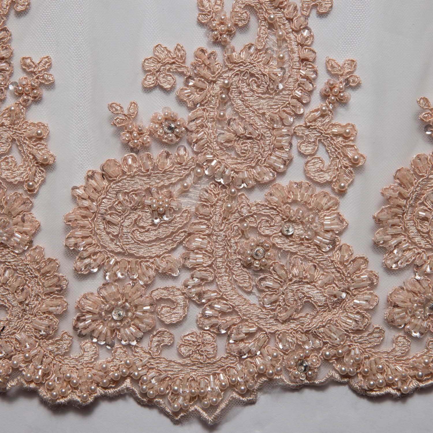 PEACH EMBROIDERED TULLE LACE FABRIC WITH RICH INTRICATE DESIGN 52" WIDE | Exquisite Fabric