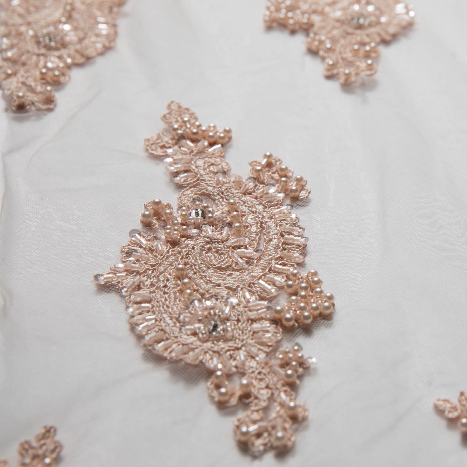 PEACH EMBROIDERED TULLE LACE FABRIC WITH RICH INTRICATE DESIGN 52" WIDE | Exquisite Fabric
