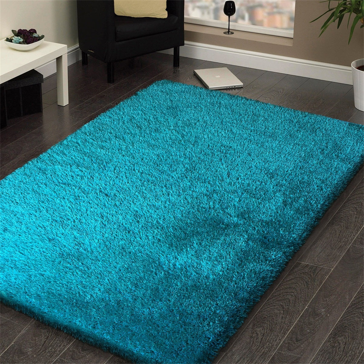 Turquoise Solid Shag Area Rug/Carpet - Crafted from 100% Polyester, Plush Fluffy Shine, Thick and Thin Yarns Design