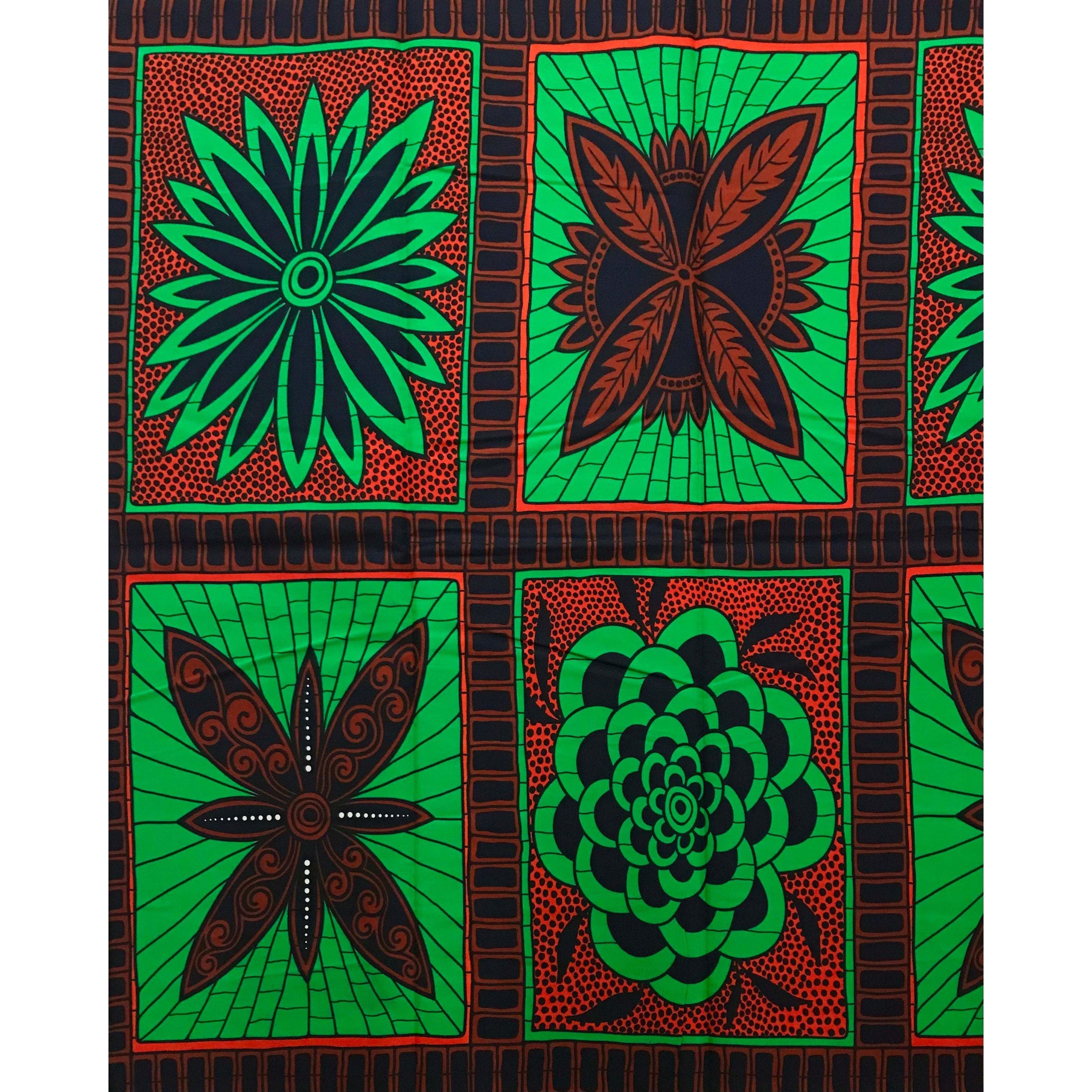 African Print Fabric/ Ankara - Green, Brown, Navy 'Snap & Bloom,' YARD or WHOLESALE