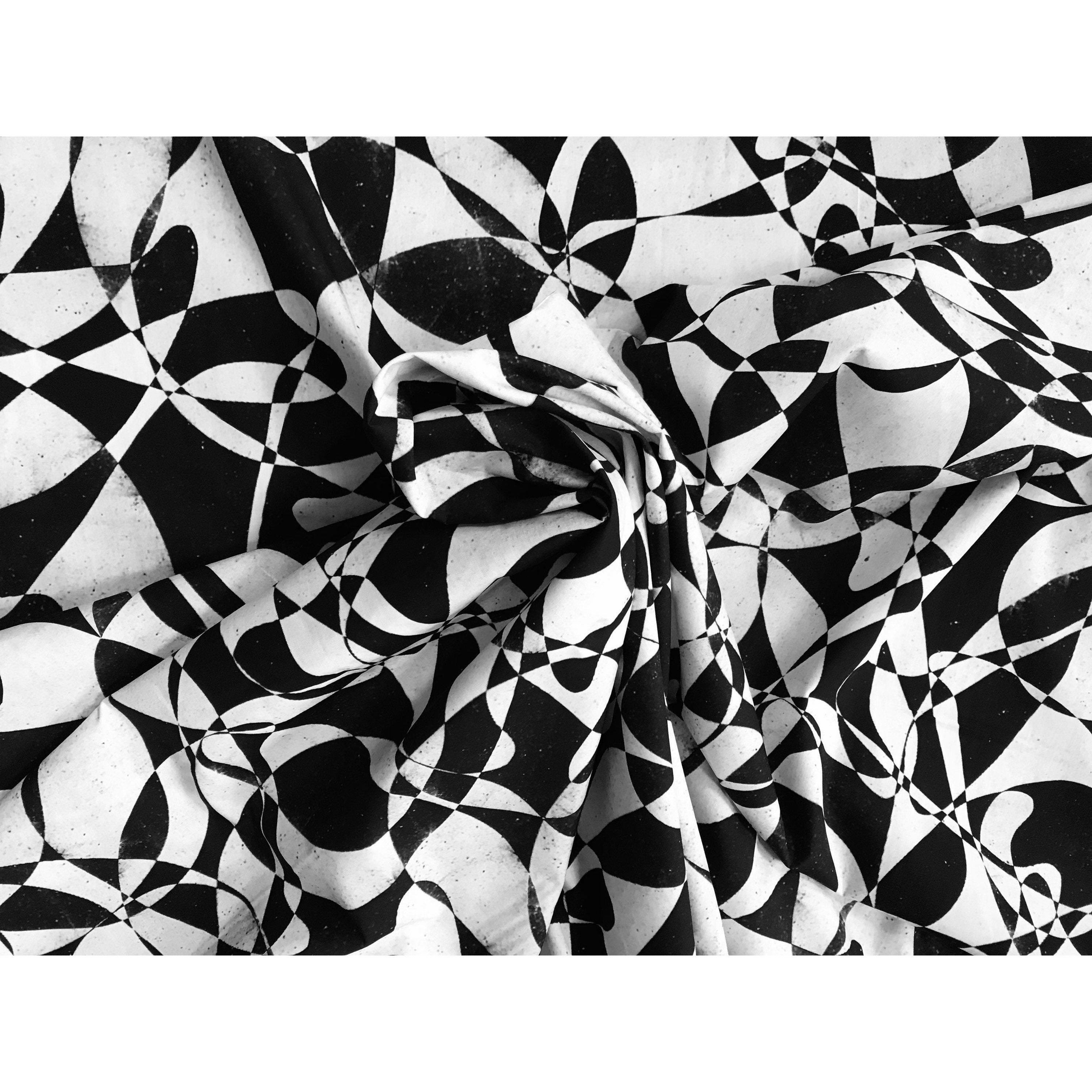 African Print, Elastic Knit Fabric - Black, White "Shattering the Glass Ceiling" Per Yard