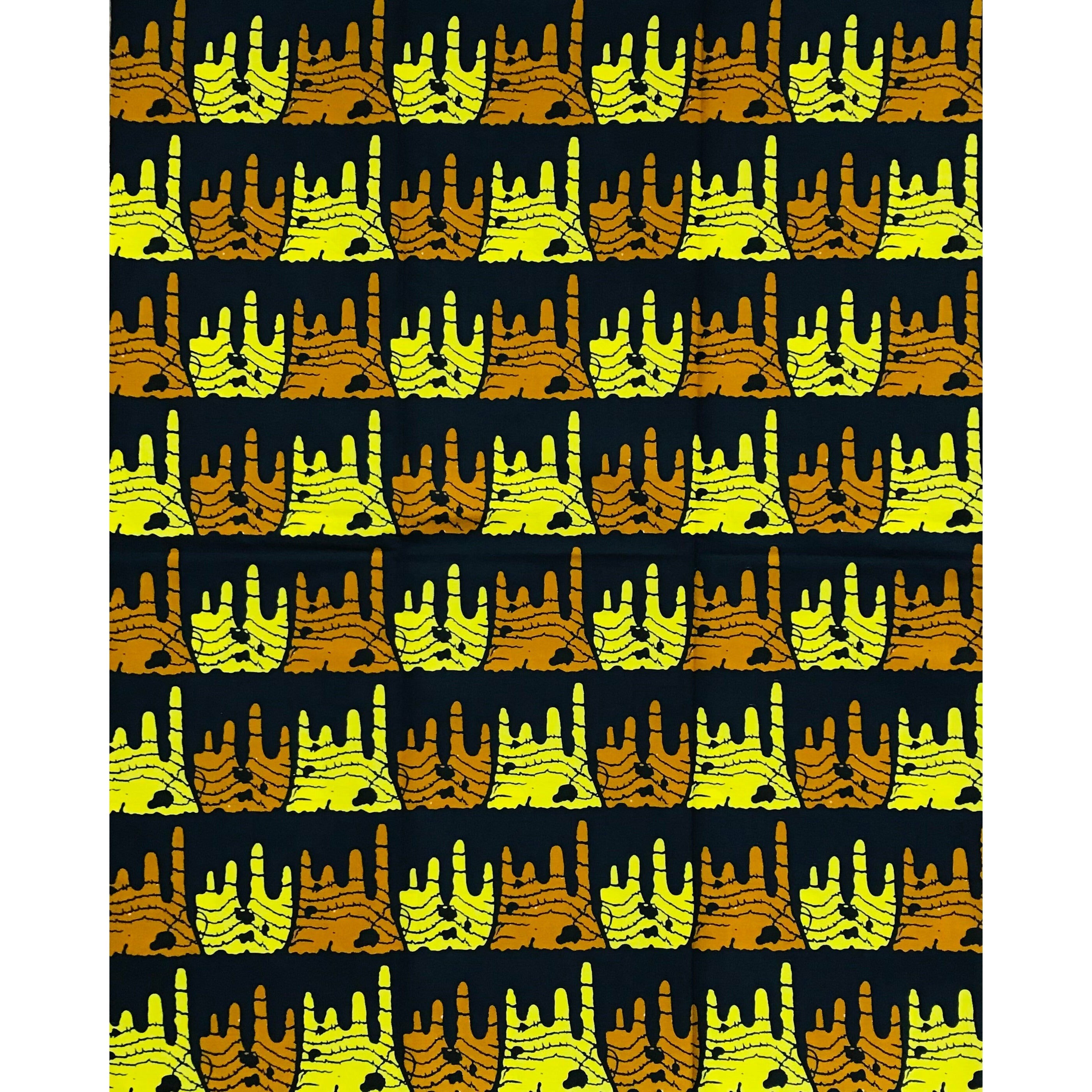 African Print Fabric/ Ankara - Brown, Yellow, Black "Njoya’s Might," YARD or WHOLESALE