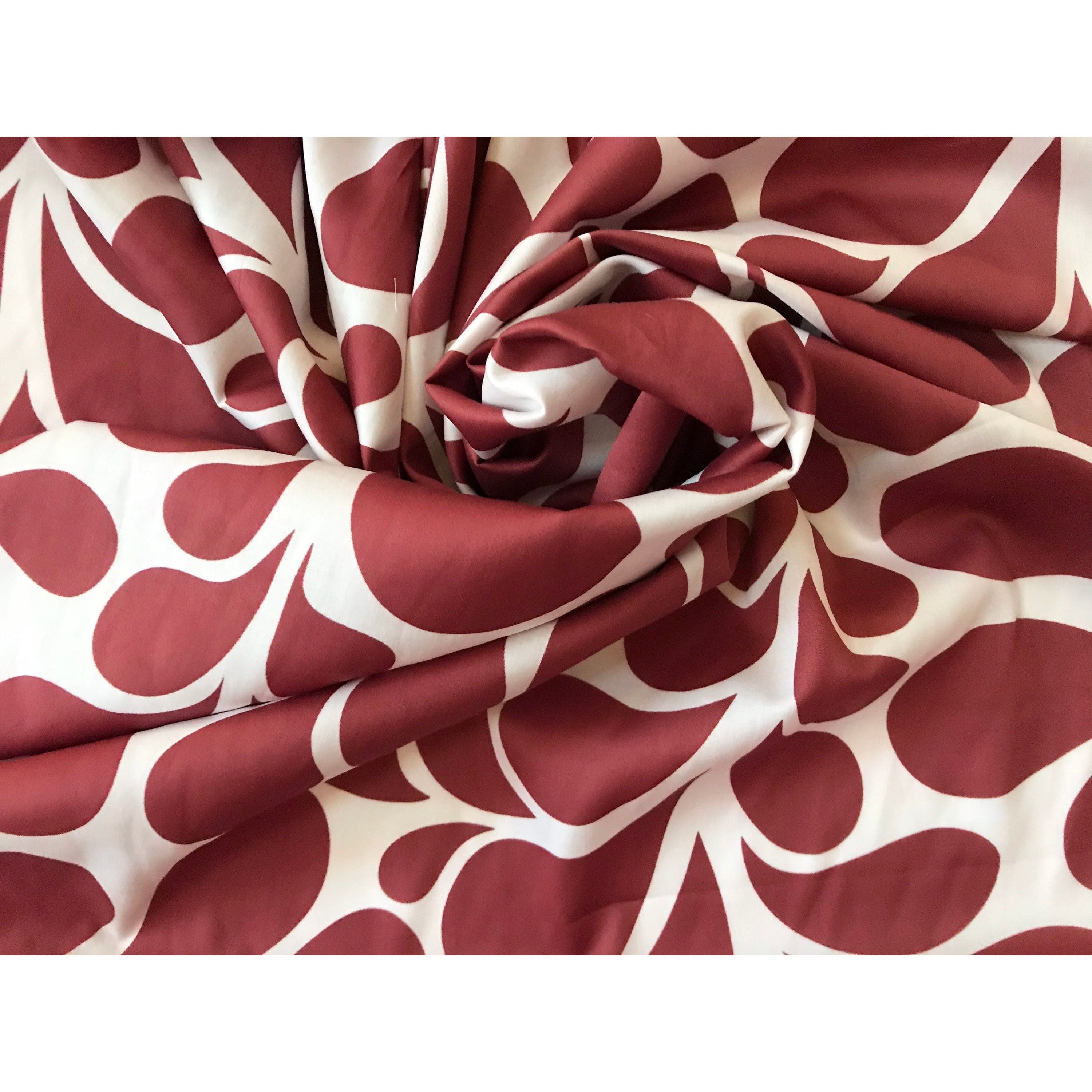 African Print, Stretch Cotton Satin Fabric- Rusty Red, White "Mimi", Per Yard