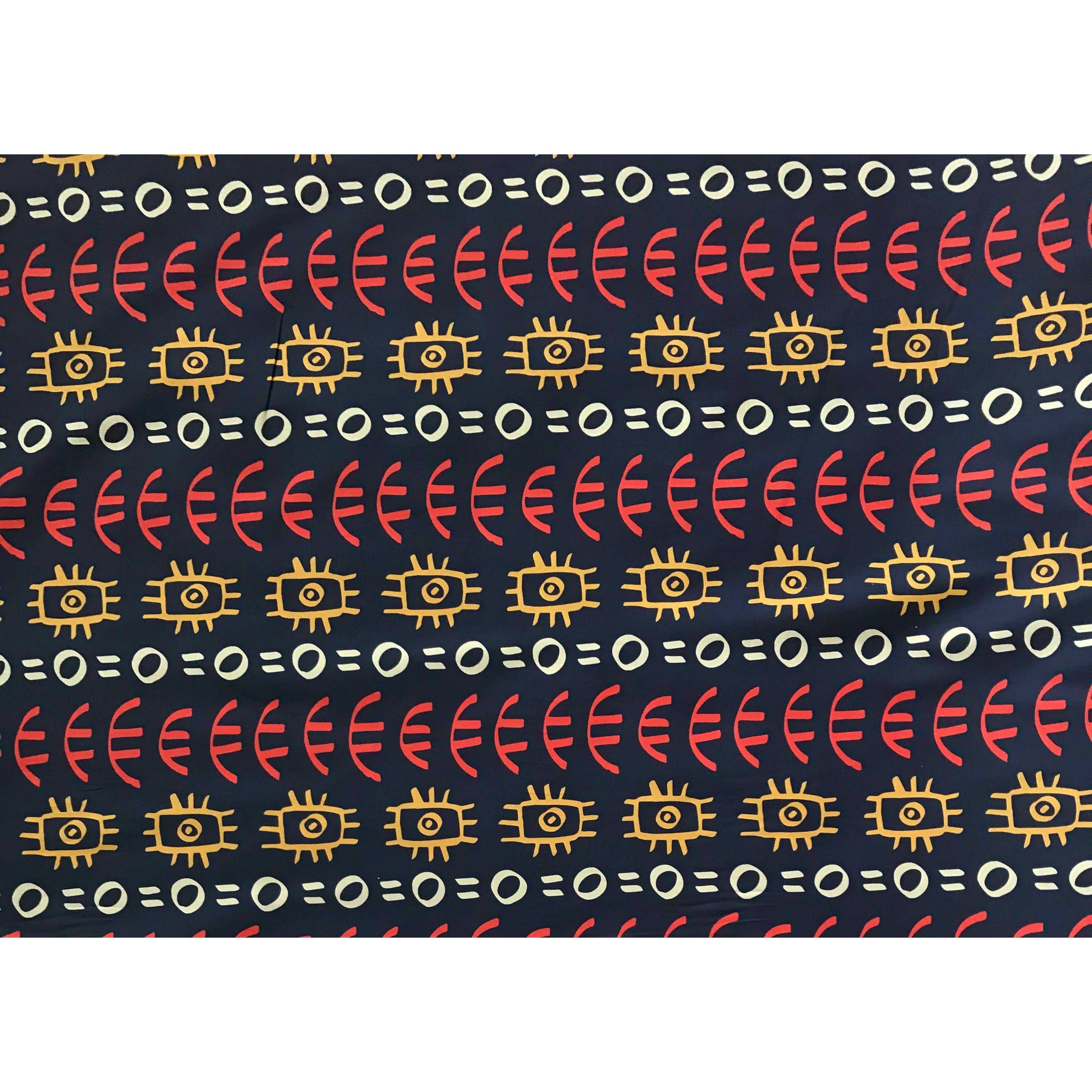 African Print, Stretch Cotton Satin Fabric- Navy, Orange, Marigold, Beige “Abimbola”, Per Yard