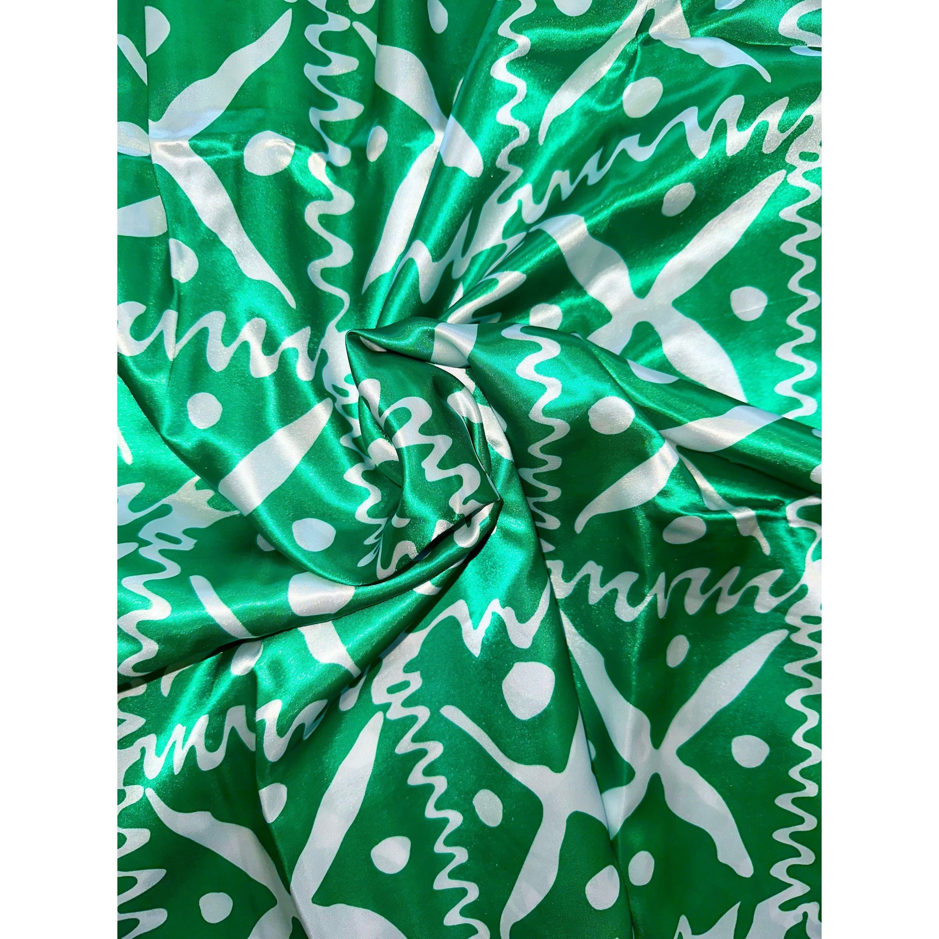 African Print, Satin Fabric- Green, White "Naija To The Max", Per Yard or Wholesale
