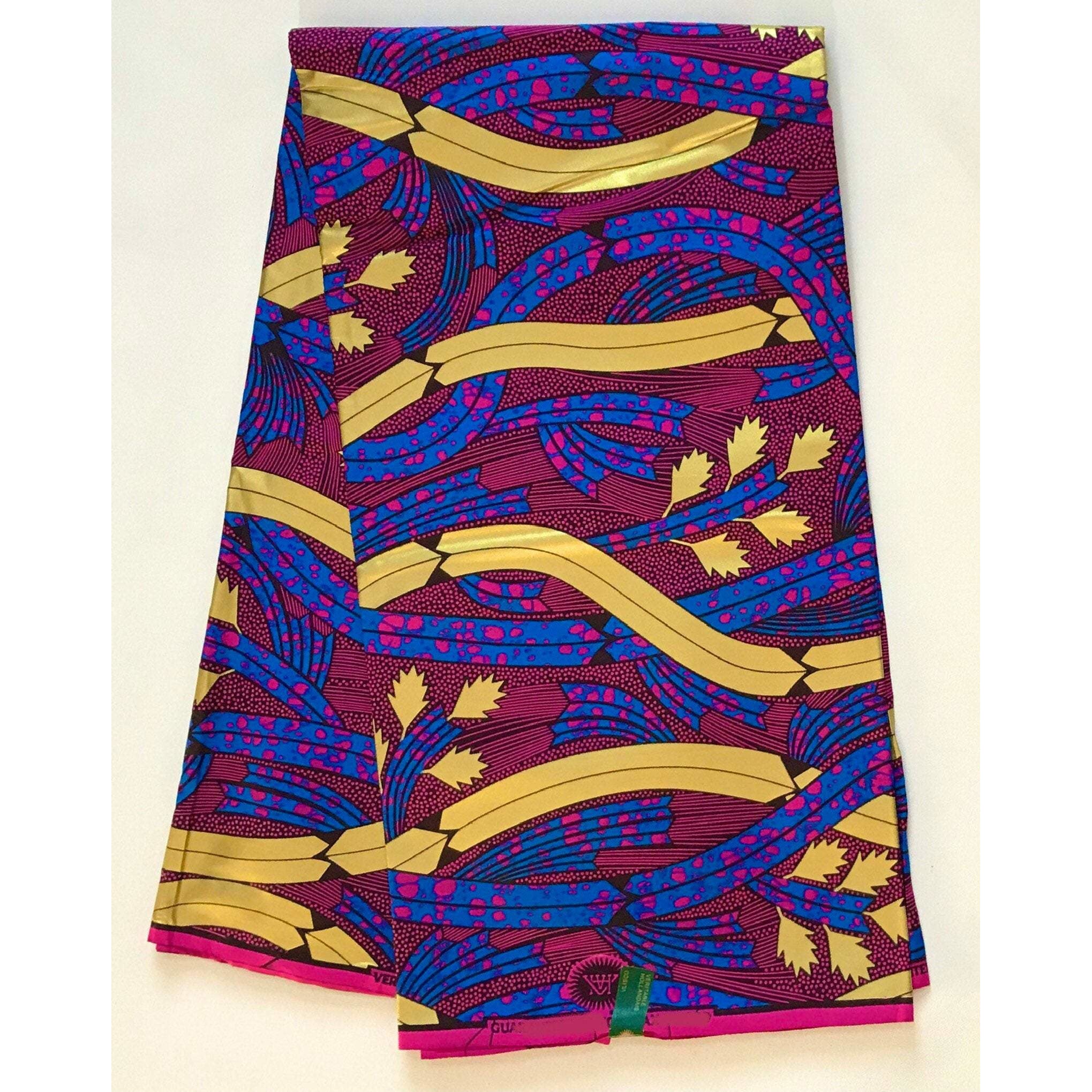 African Print Fabric/ Ankara - Magenta, Blue, Shimmering Gold 'Dinah' Design, YARD or WHOLESALE