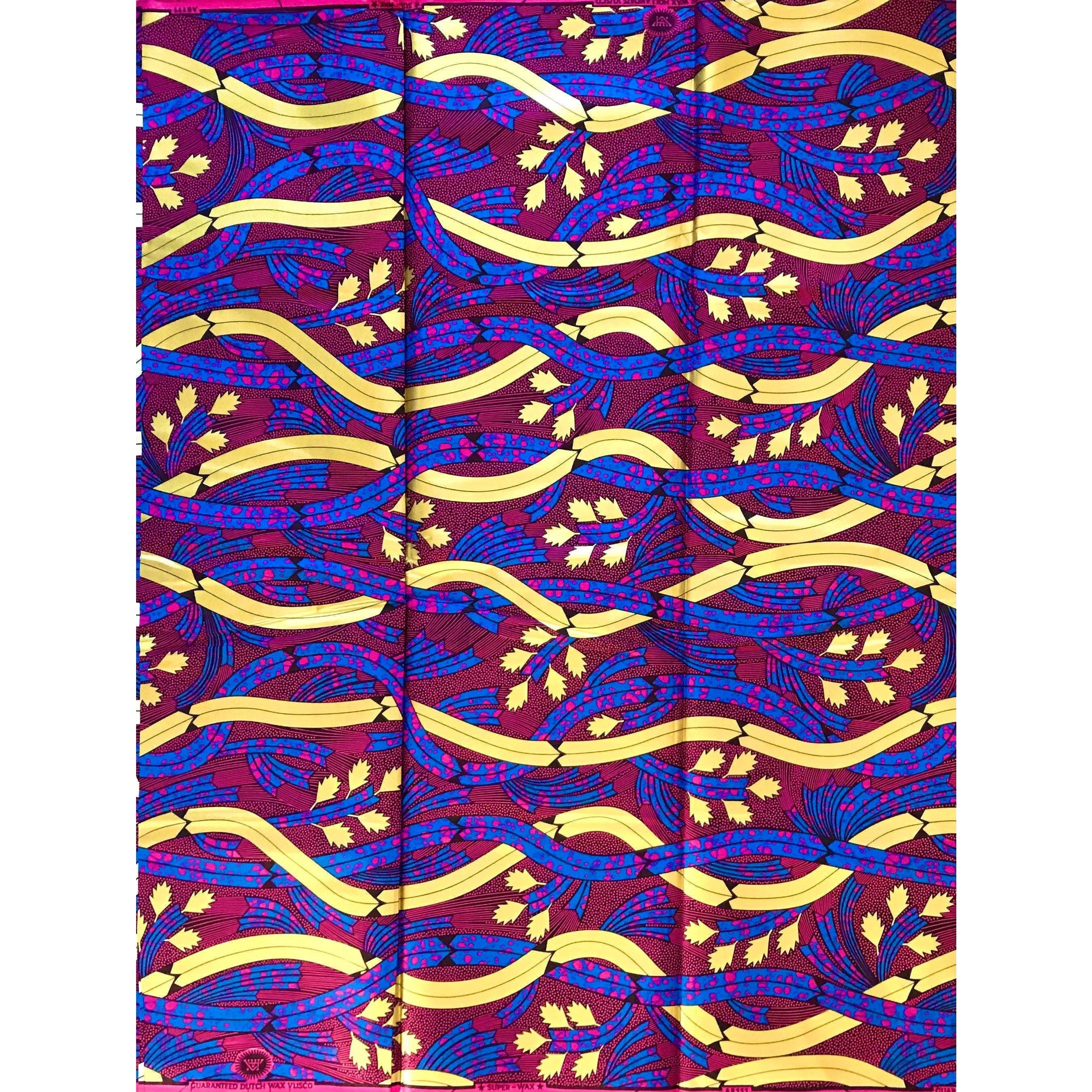 African Print Fabric/ Ankara - Magenta, Blue, Shimmering Gold 'Dinah' Design, YARD or WHOLESALE