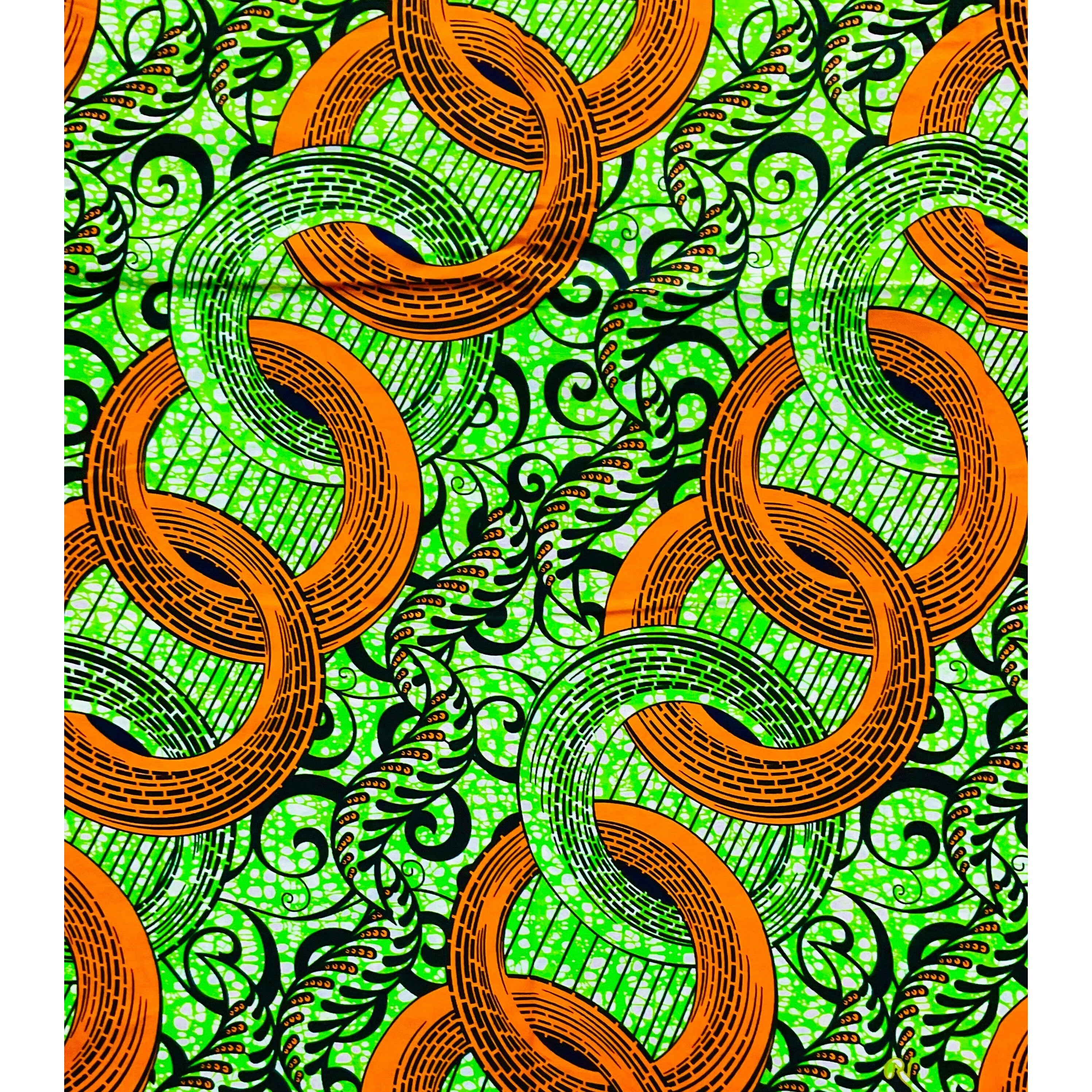 African Print Fabric/ Ankara - Orange, Green 'Nuhu,’ YARD or WHOLESALE
