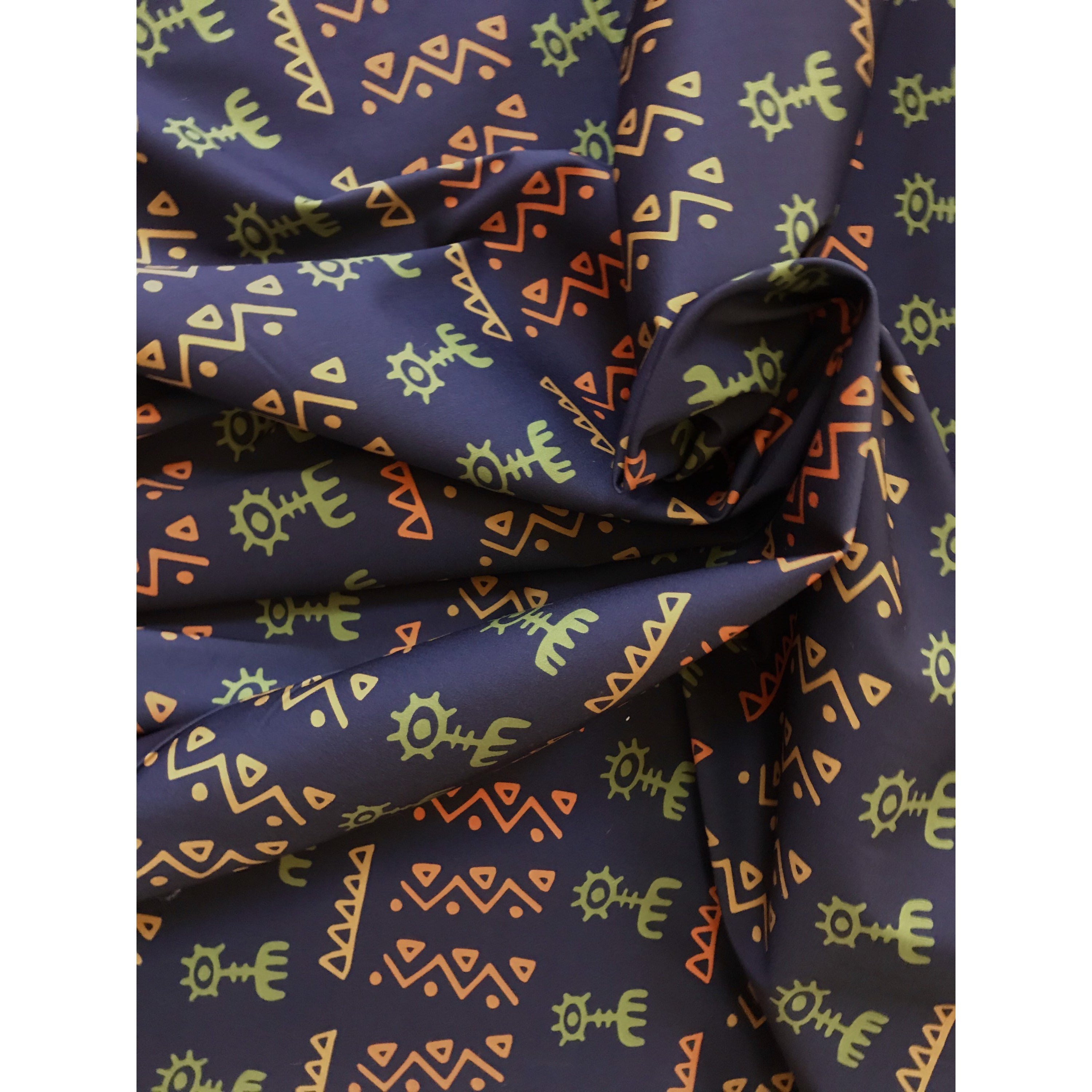 African Print, Stretch Cotton Satin Fabric- Navy, Orange, Green "Adewale" Per Yard