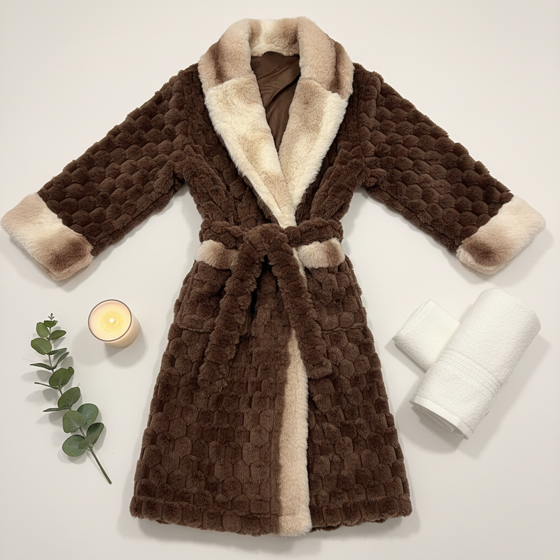 Stylish Soft-Touch Faux Fur Chocolate Robe with Tone-on-Tone Champaign Cozy Interior – Perfect for Lounging or Luxe Outdoor Wear - REXA ROBE 4.