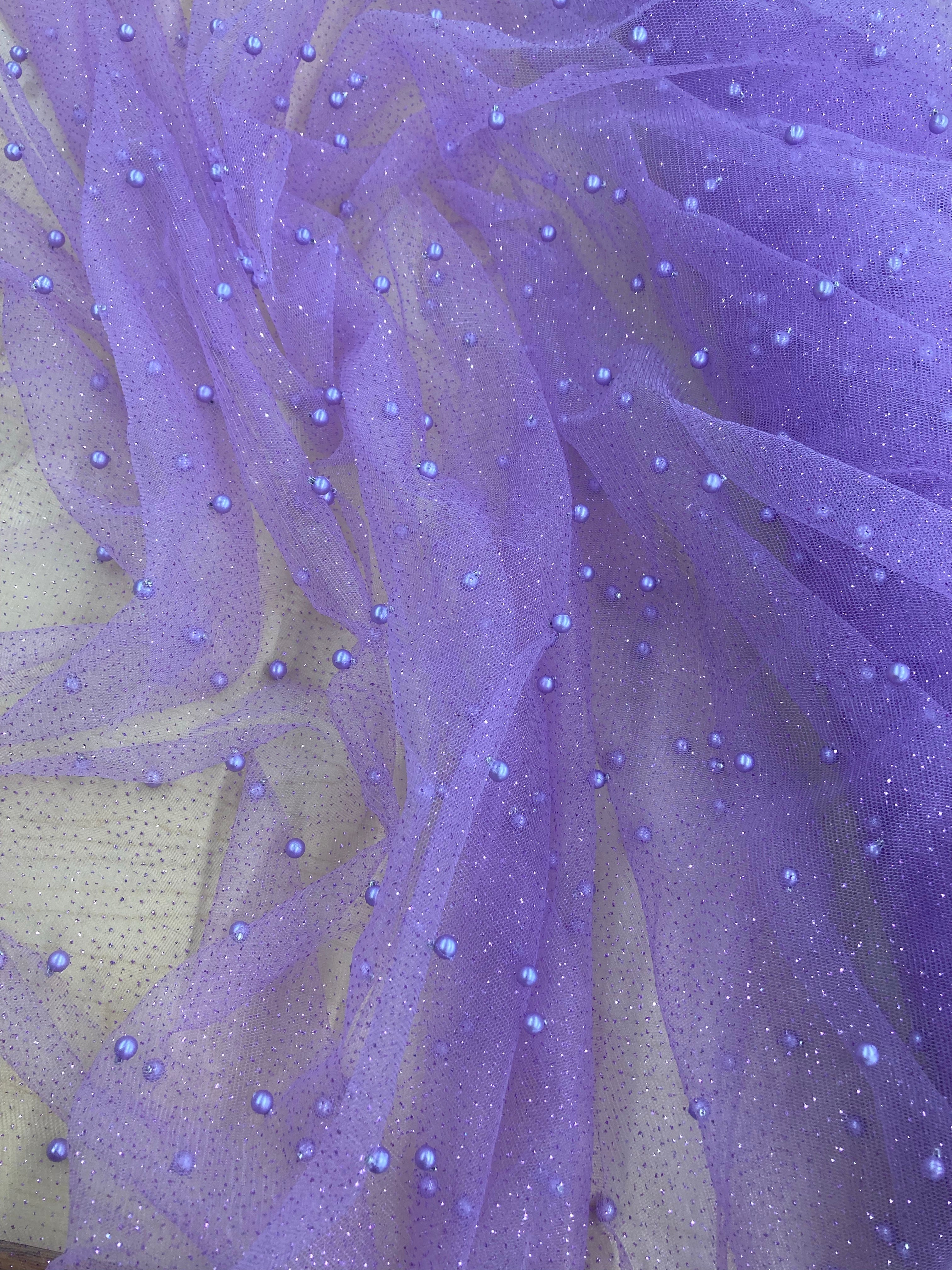 Glitter Mesh Fabric with Scattered Pearls 2-Way Stretch | Lace USA - Net Pearls