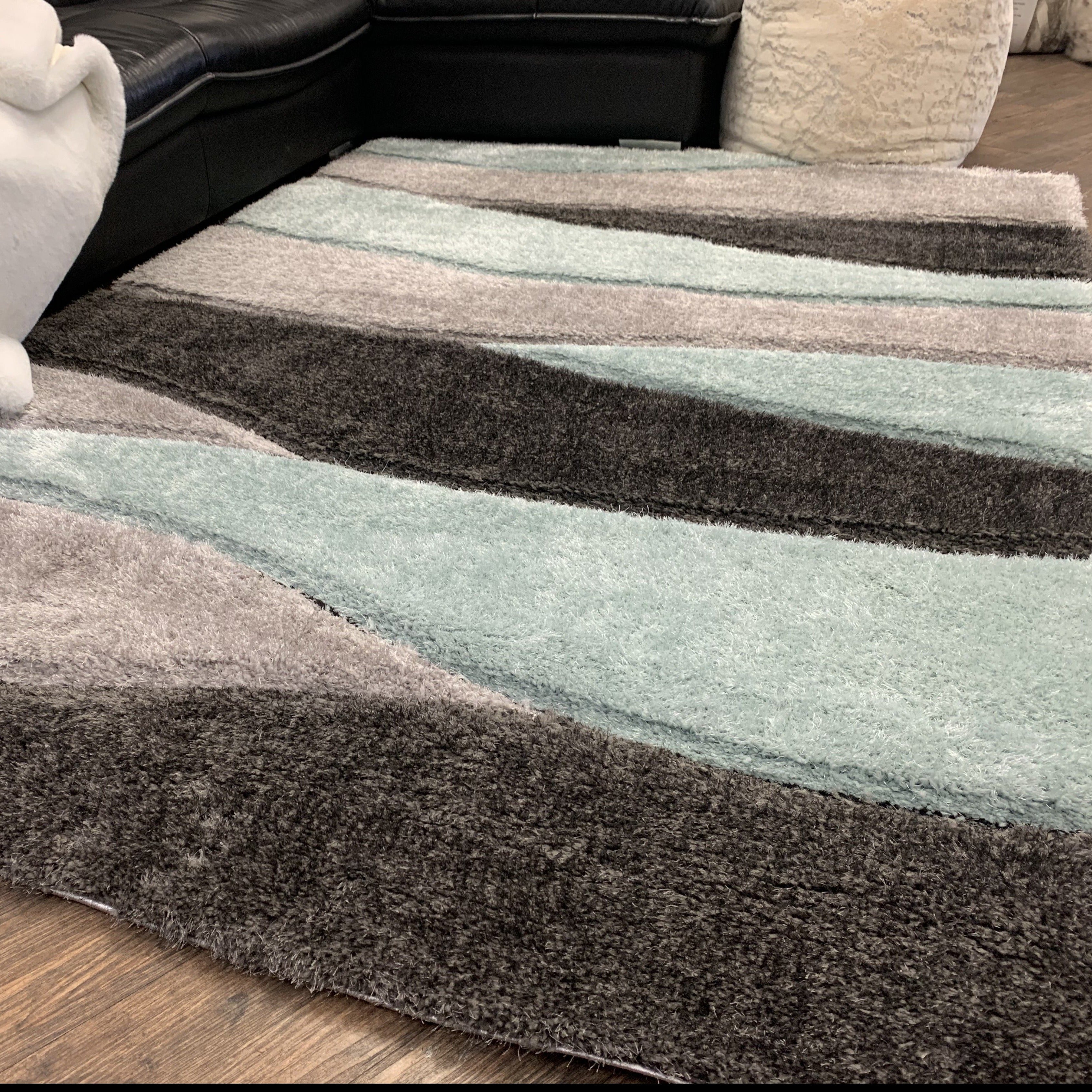 Touch of Aqua/Gray/Silver Shag Area Rug/Carpet | Style# SR-731 - Crafted from 100% Polyester, Plush Fluffy Shine 3D Stone Design