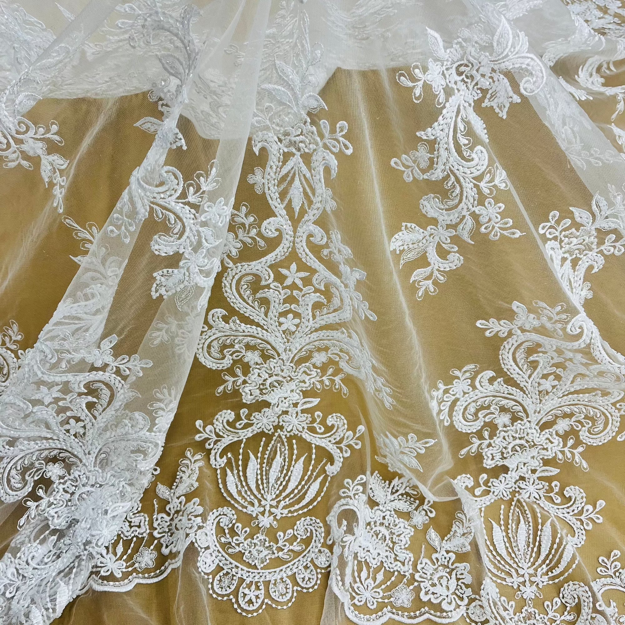 Beaded Lace Fabric Embroidered on 100% Polyester Net Mesh | Lace USA - GD-12186