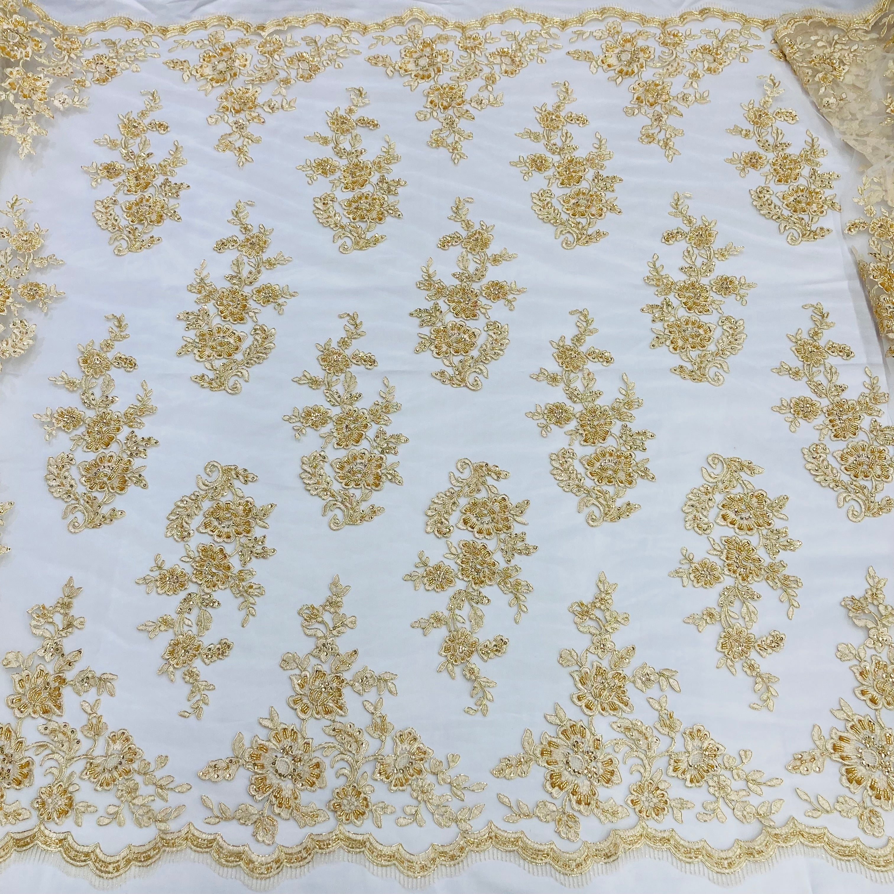 Beaded & Corded Bridal Lace Fabric Embroidered on 100% Polyester Net Mesh | Lace USA - 97145W-HB