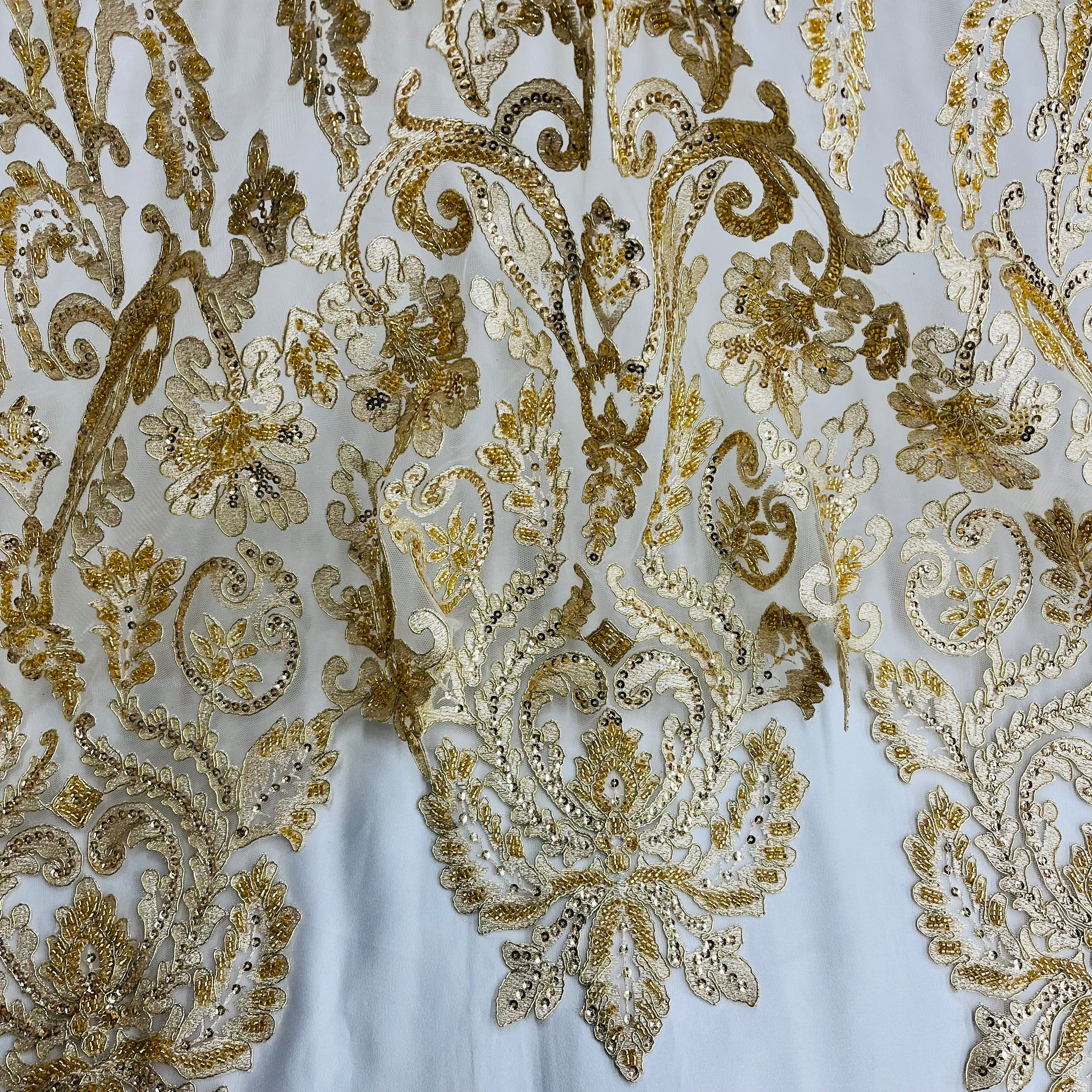 Beaded & Corded Bridal Lace Fabric Embroidered on 100% Polyester Net Mesh | Lace USA - 96996W-HB