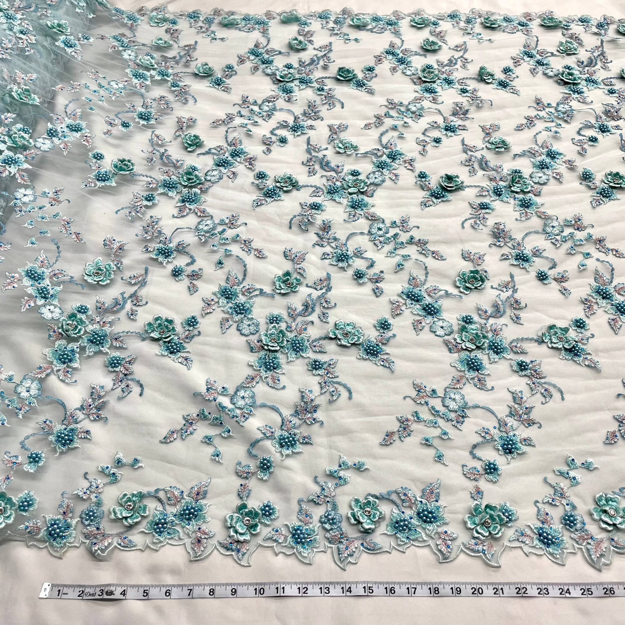Beaded 3D Floral Lace Fabric Embroidered on 100% Polyester Net Mesh | Lace USA - GD-417