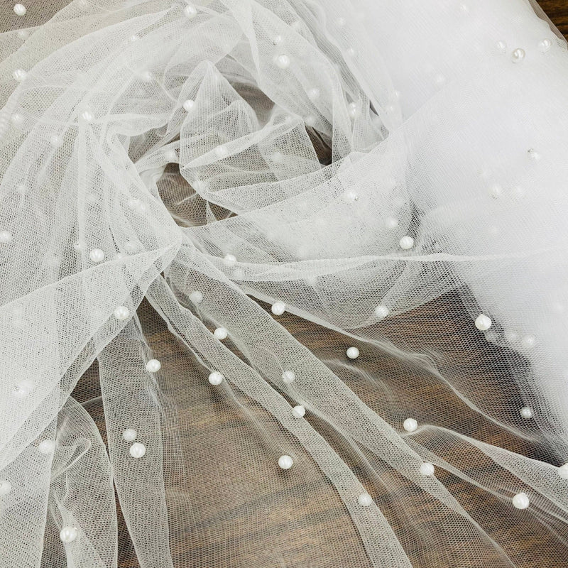 2-Way Stretch Net Mesh Fabric with Scattered Pearls | Lace USA - Net Pearl