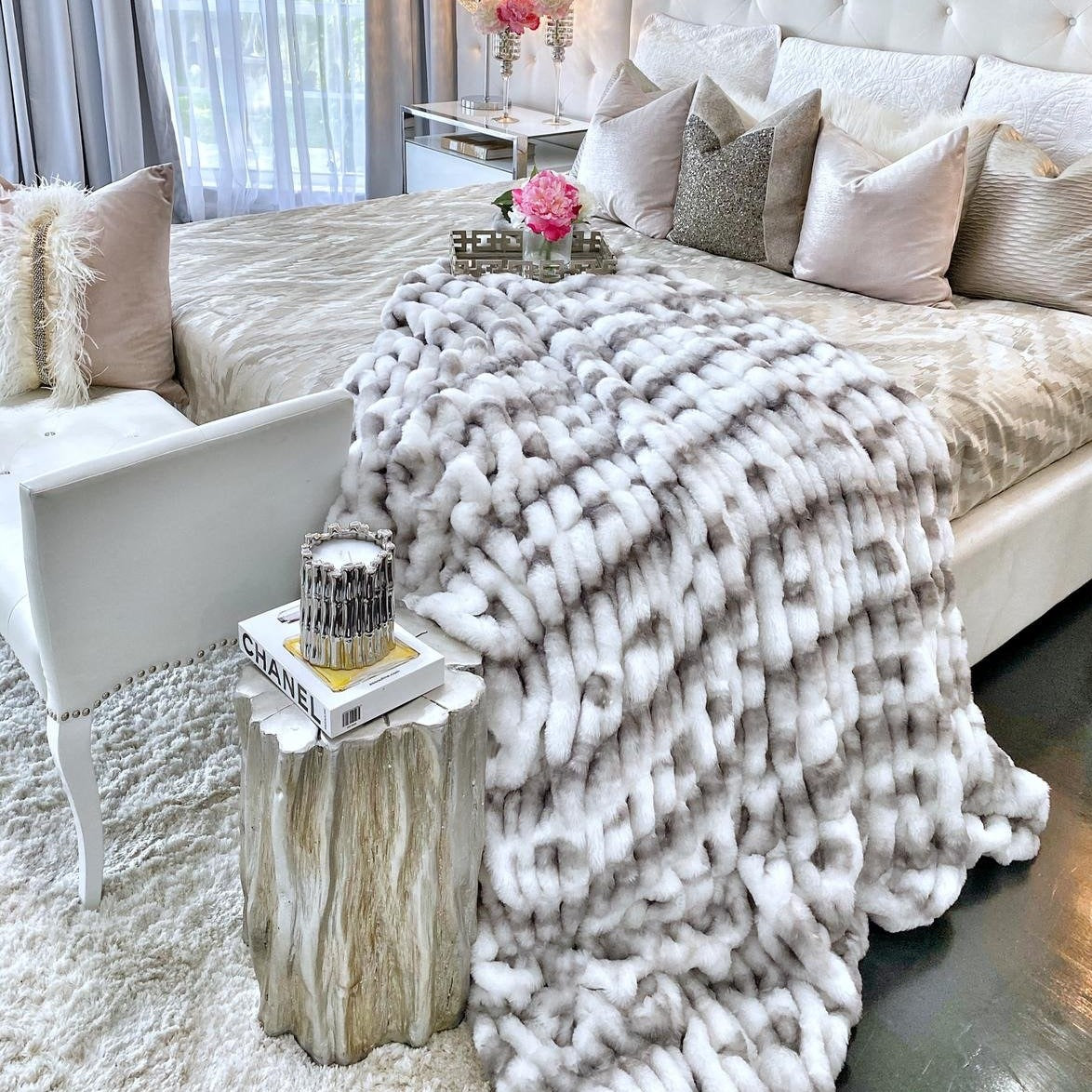 Braided Look Fluffy Soft Faux Fur Gray White Throw/ Quilt/ Blanket/ Coverlet/ Bedspread/ Bedcover/ Comforter