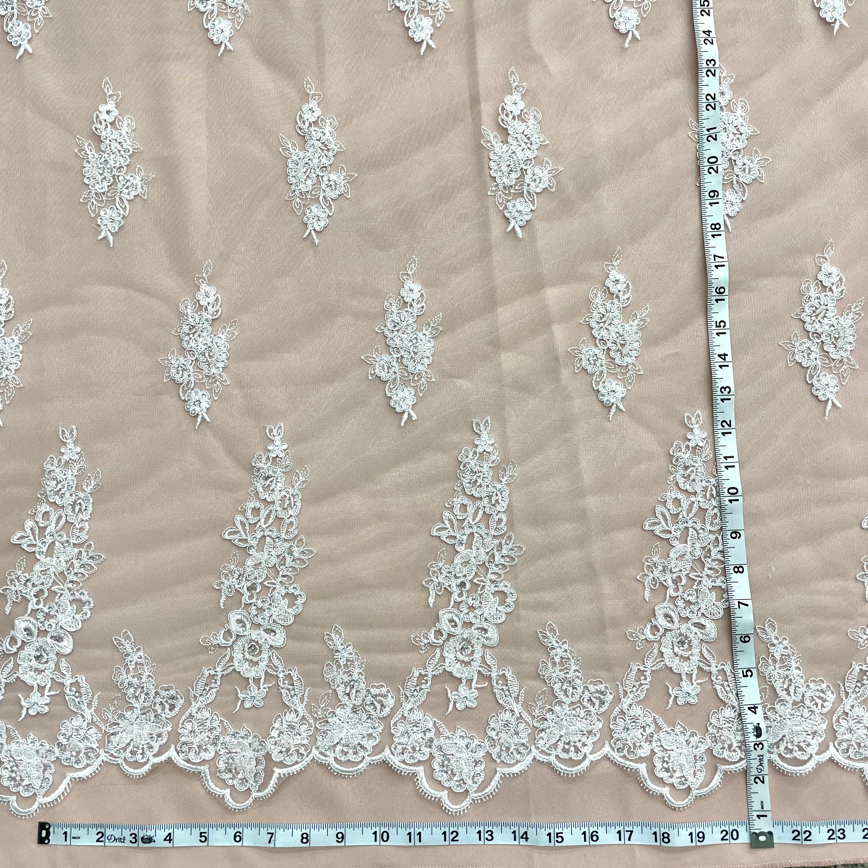 Beaded & Corded Floral Bridal Lace Fabric with Scalloped Border on Net Mesh | Lace USA - 91443W-HB