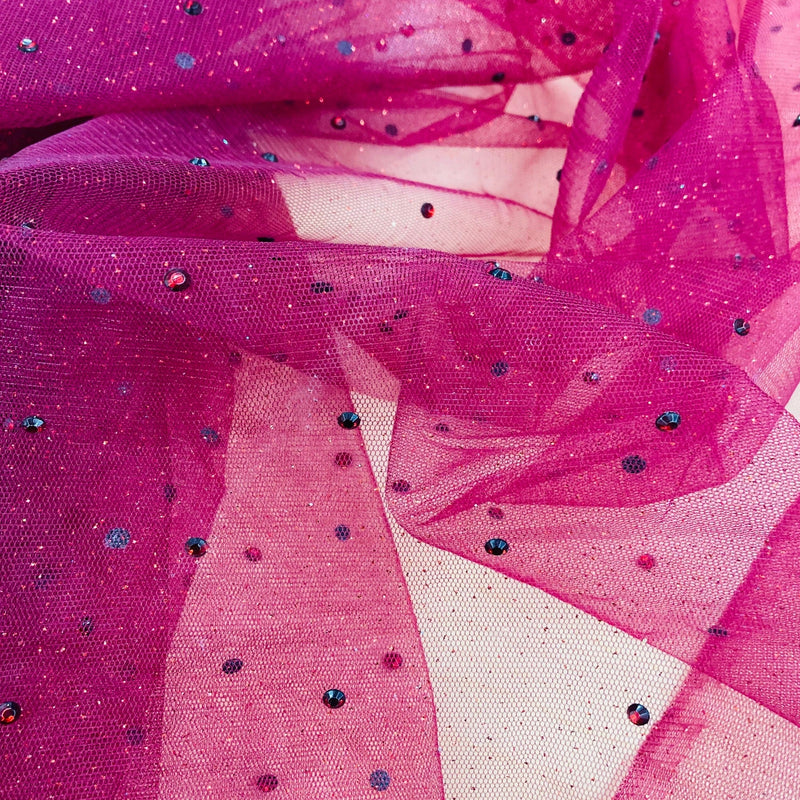 Glitter Mesh Tulle Fabric with Scattered Rhinestones 2-Way Stretch | Lace USA - Rhinestone