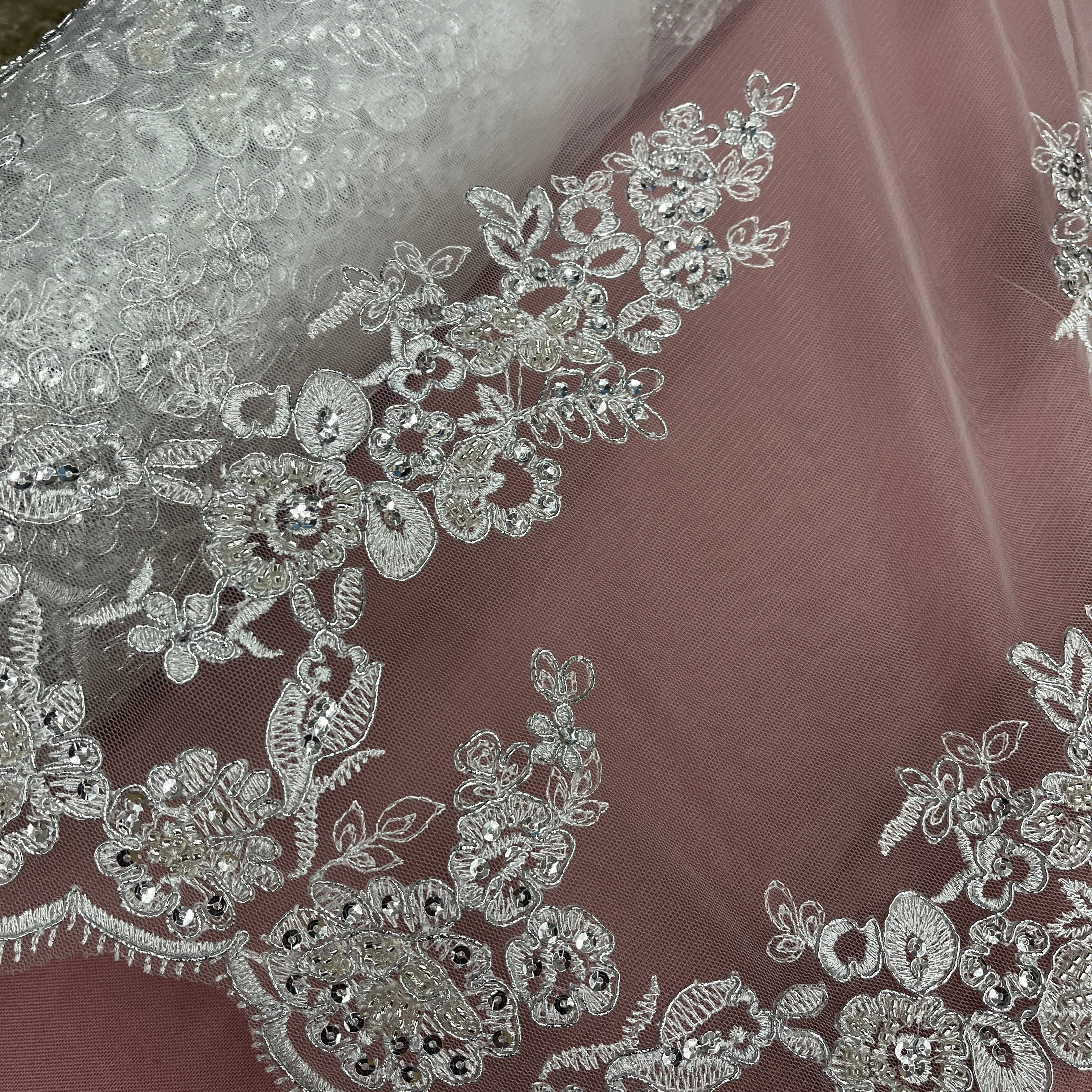 Beaded & Corded Floral Bridal Lace Fabric with Scalloped Border on Net Mesh | Lace USA - 91443W-HB