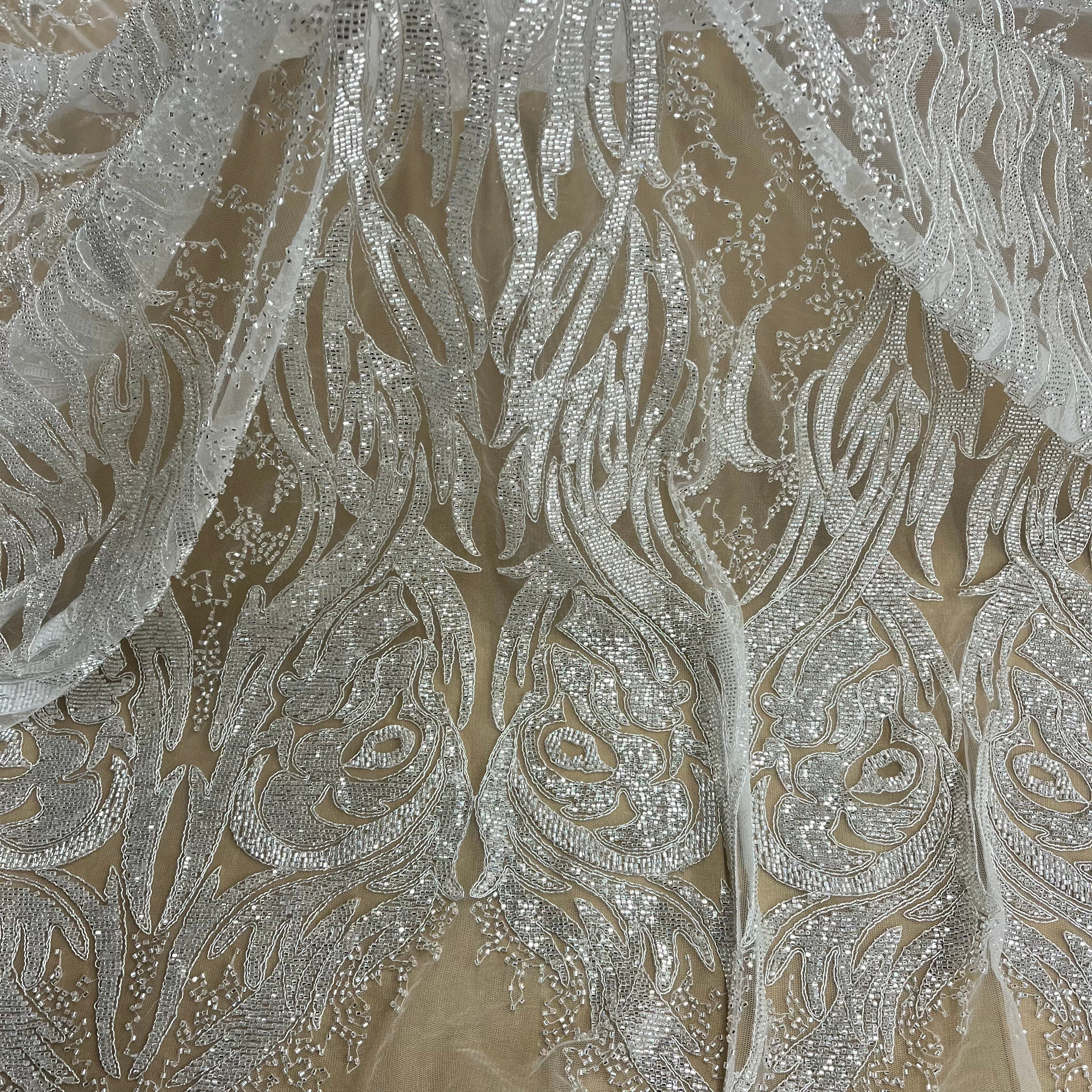 Beaded & Corded Bridal Lace Fabric Embroidered on 100% Polyester Net Mesh | Lace USA -GD-12622