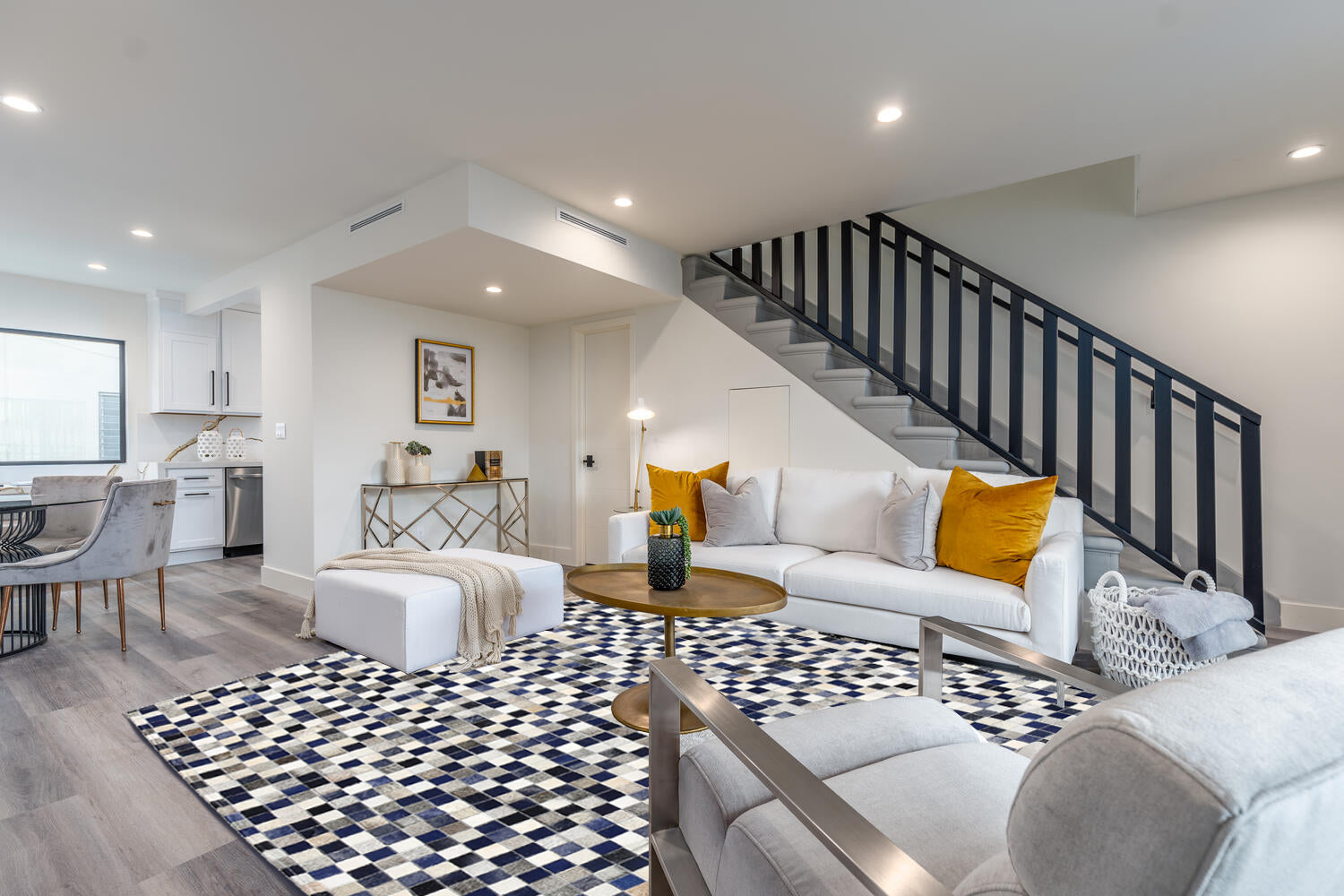 Geometric Square Cowhide Rug – Navy, Brown & Ivory Color Block Design - Tikkul Navy Patchwork Cowhide