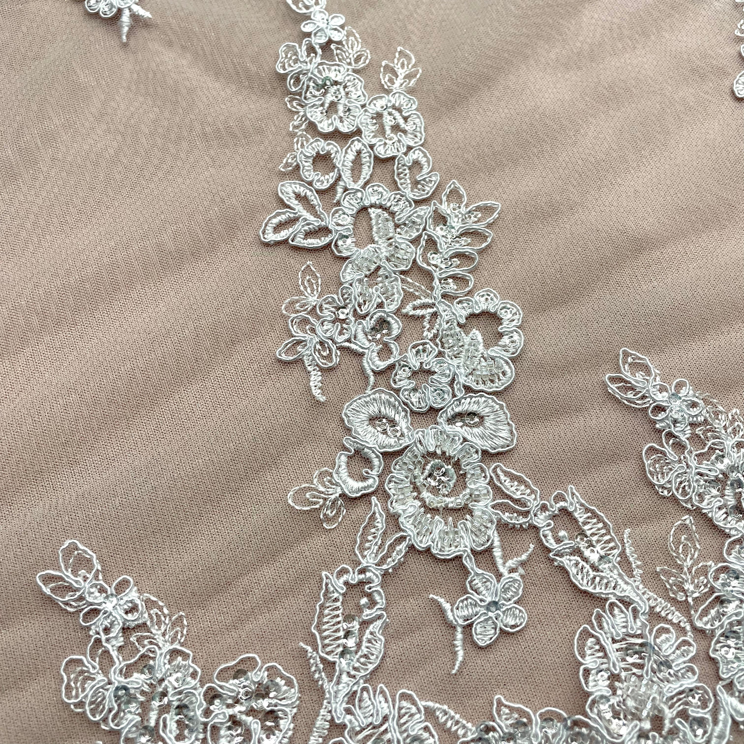 Beaded & Corded Floral Bridal Lace Fabric with Scalloped Border on Net Mesh | Lace USA - 91443W-HB