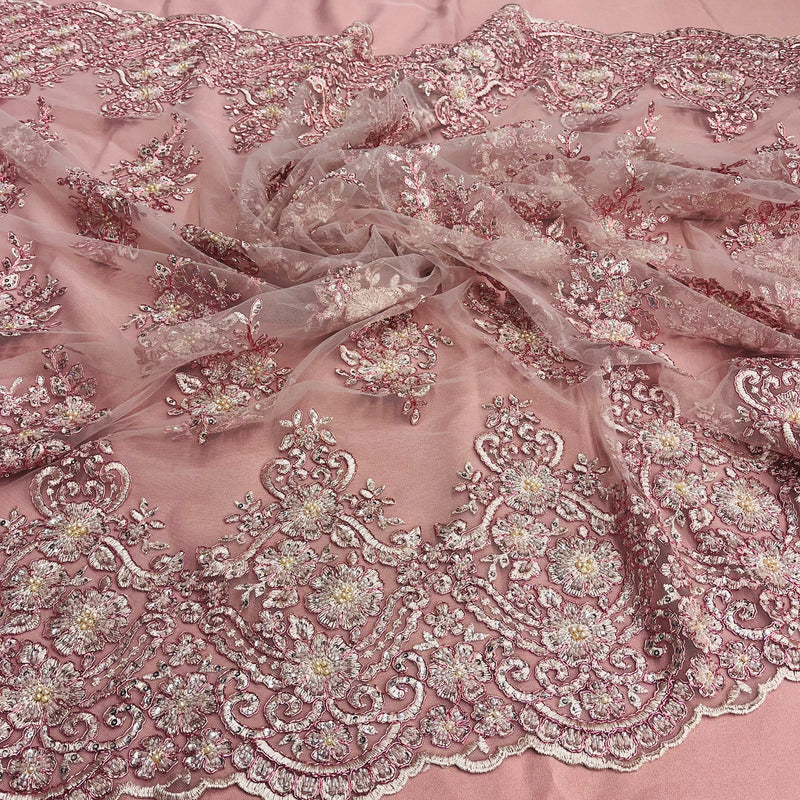 Beaded Corded Lace Fabric With Scallops Embroidered on 100% Poly Metallic | Lace USA - GD-1245