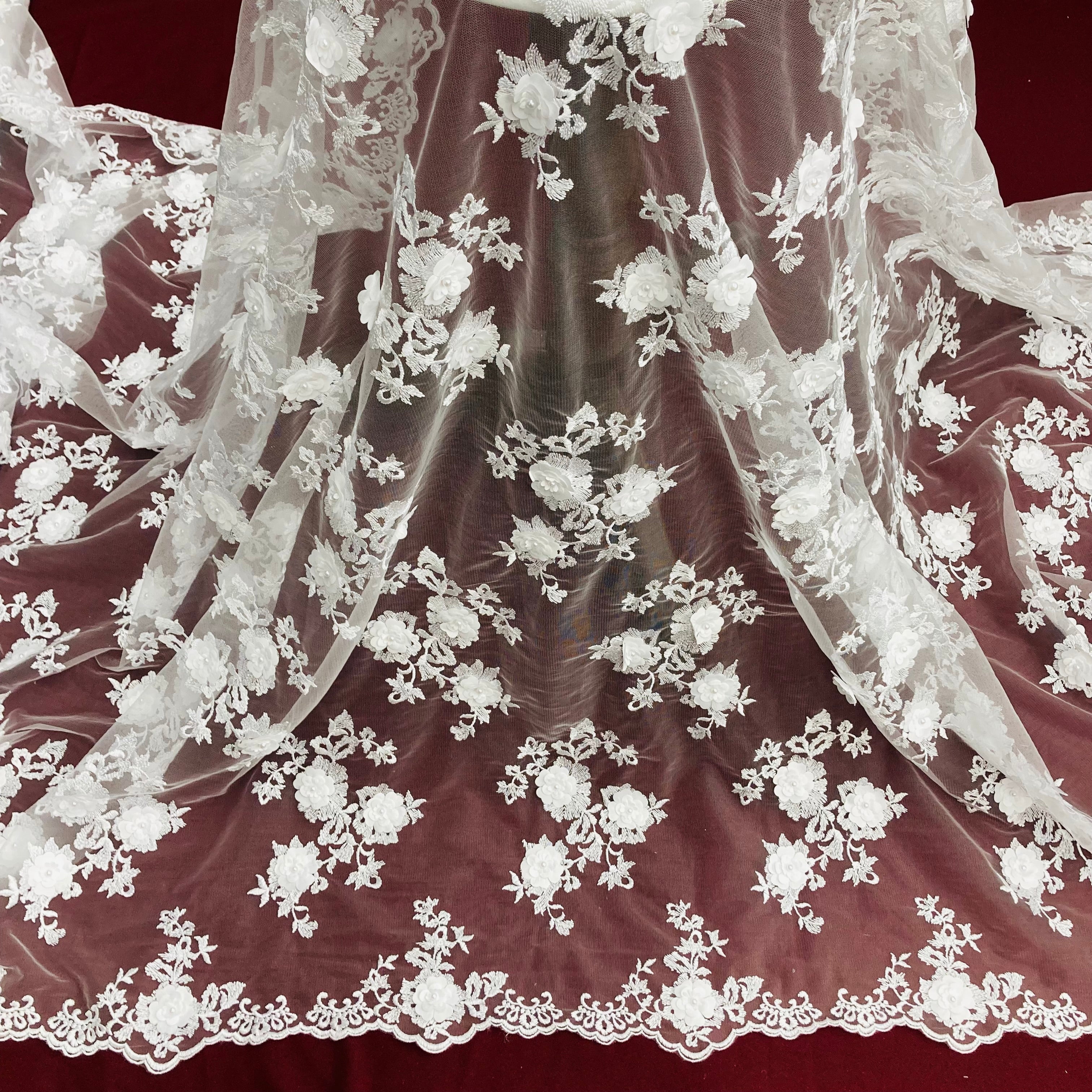 Beaded 3D Floral Lace Fabric Embroidered on 100% Polyester Net Mesh | Lace USA - 71009W-NB