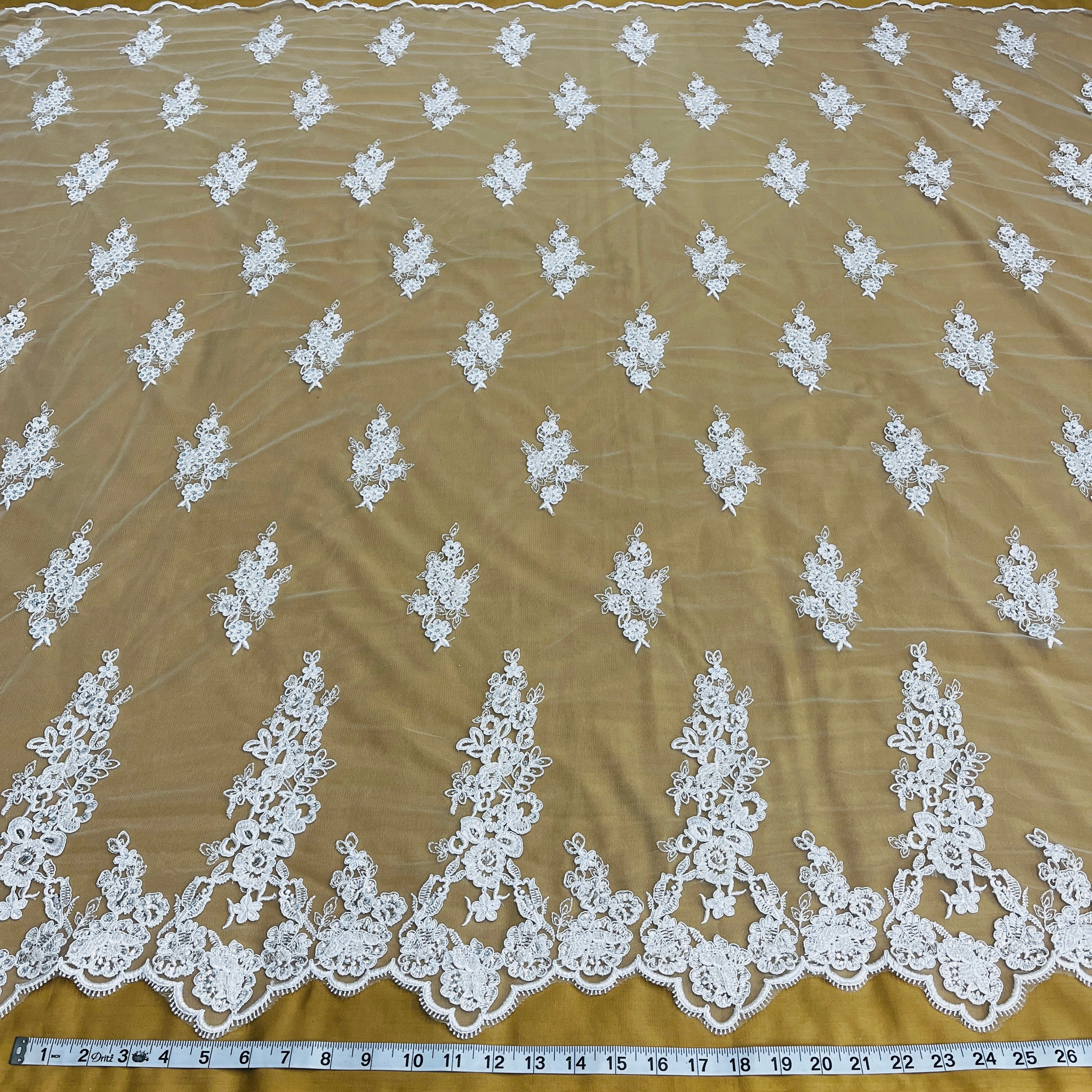 Beaded & Corded Floral Bridal Lace Fabric with Scalloped Border on Net Mesh | Lace USA - 91443W-HB
