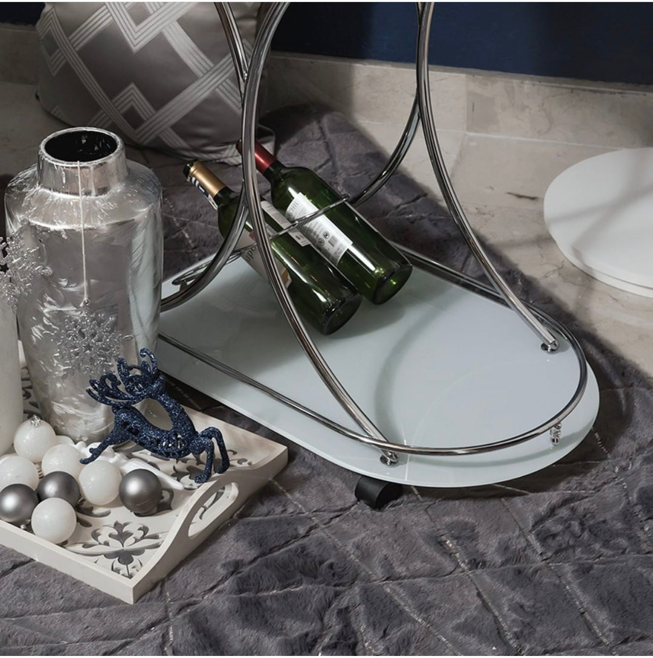 Charcoal Lines with Silver Metallic Shimmery Design Faux Rabbit Touch Rug