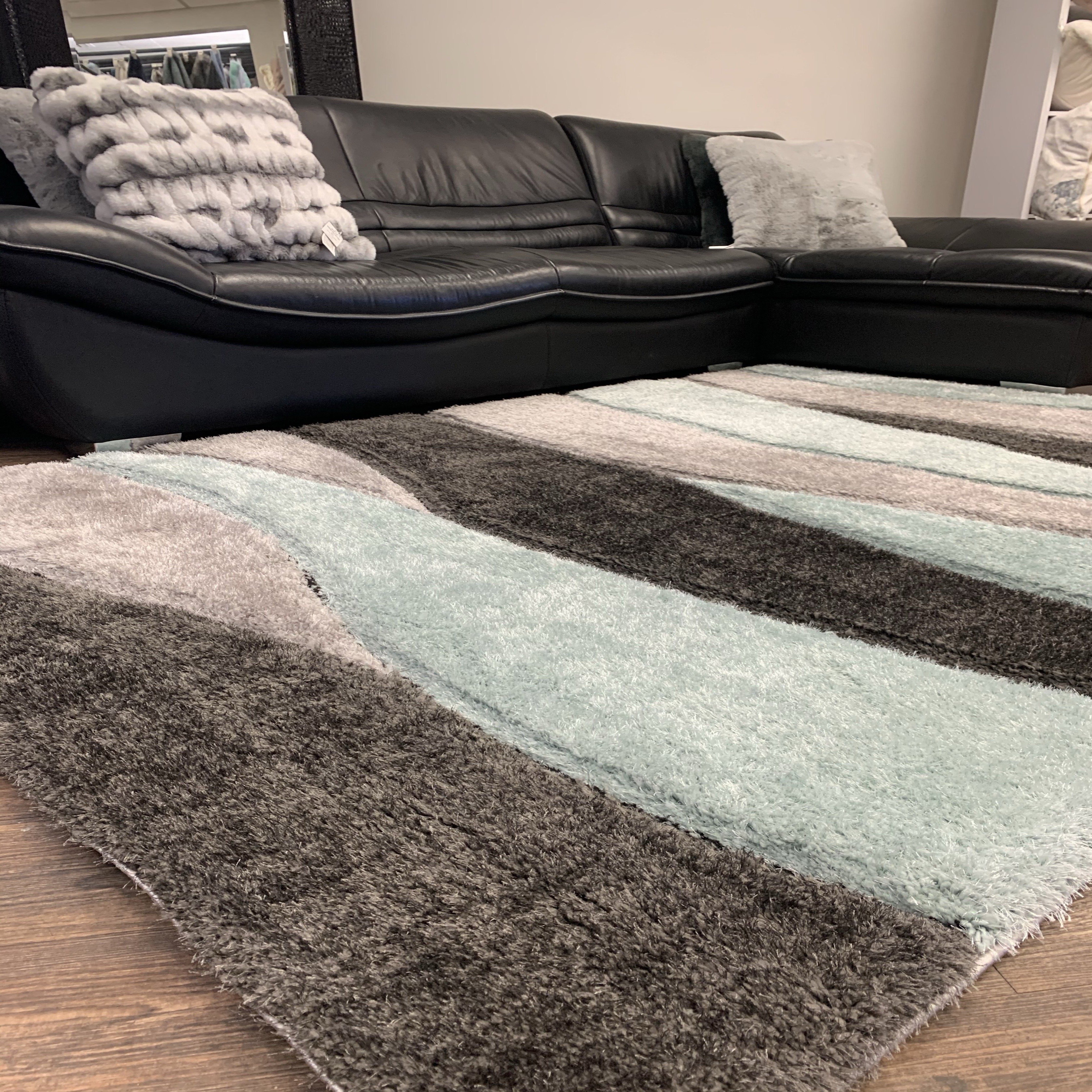 Touch of Aqua/Gray/Silver Shag Area Rug/Carpet | Style# SR-731 - Crafted from 100% Polyester, Plush Fluffy Shine 3D Stone Design