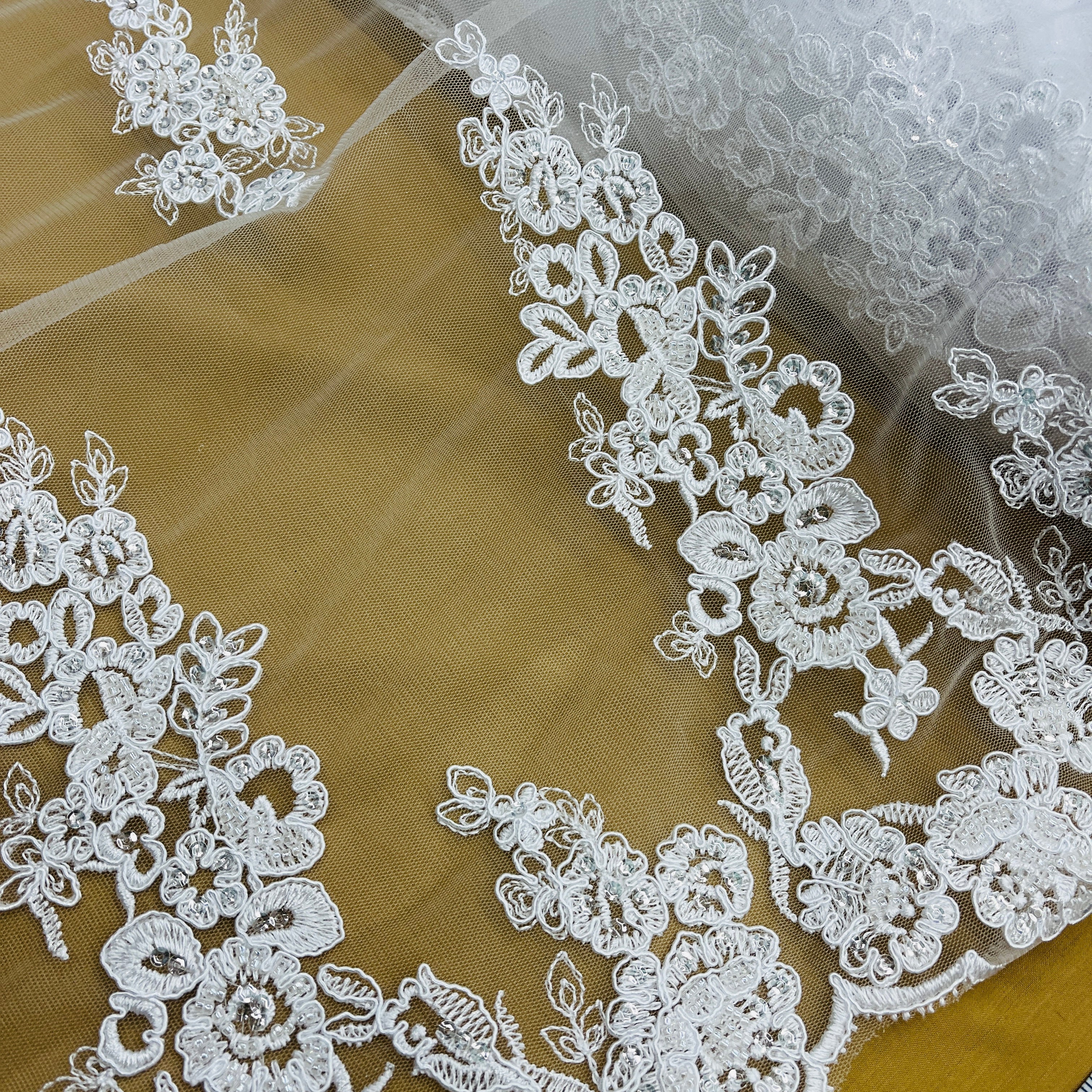 Beaded & Corded Floral Bridal Lace Fabric with Scalloped Border on Net Mesh | Lace USA - 91443W-HB