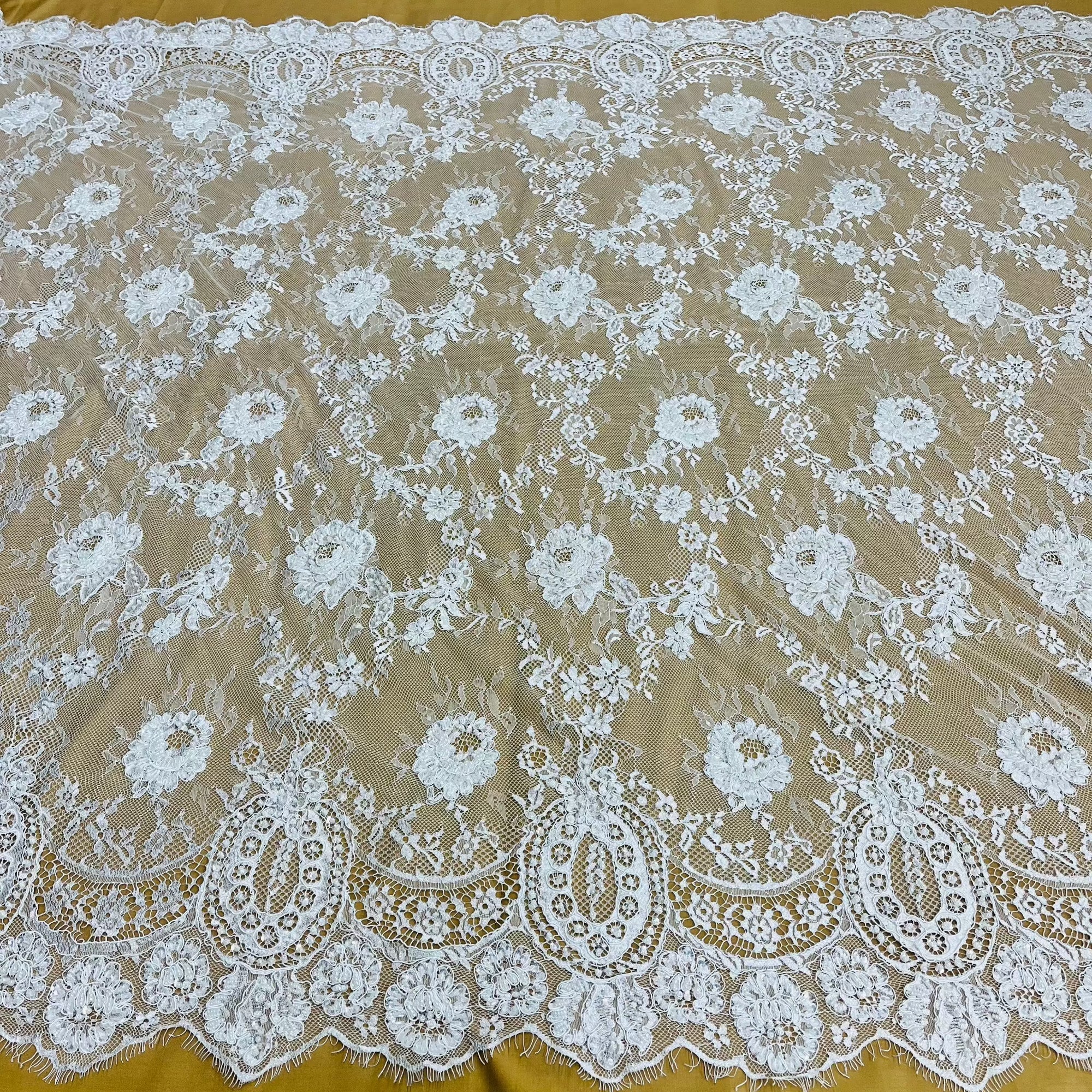 Beaded & Corded Chantilly Floral Lace Fabric- 3 Yards Precut | Lace USA - 97143W-BP