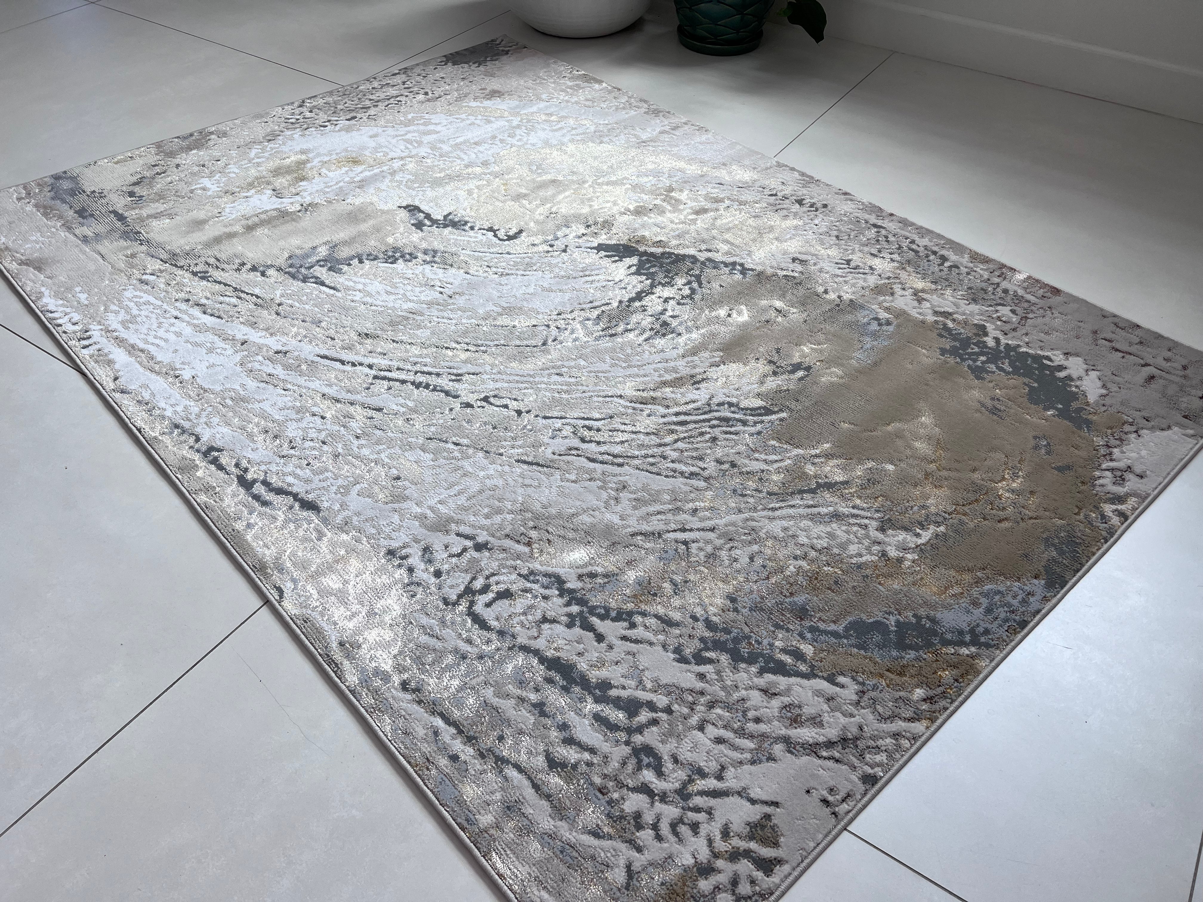 Polyester Silver with Gold Viscose Blend Swirl Design Rug/Carpet - Style# Maximus 240 - Color-Changing Flat Weave Rug