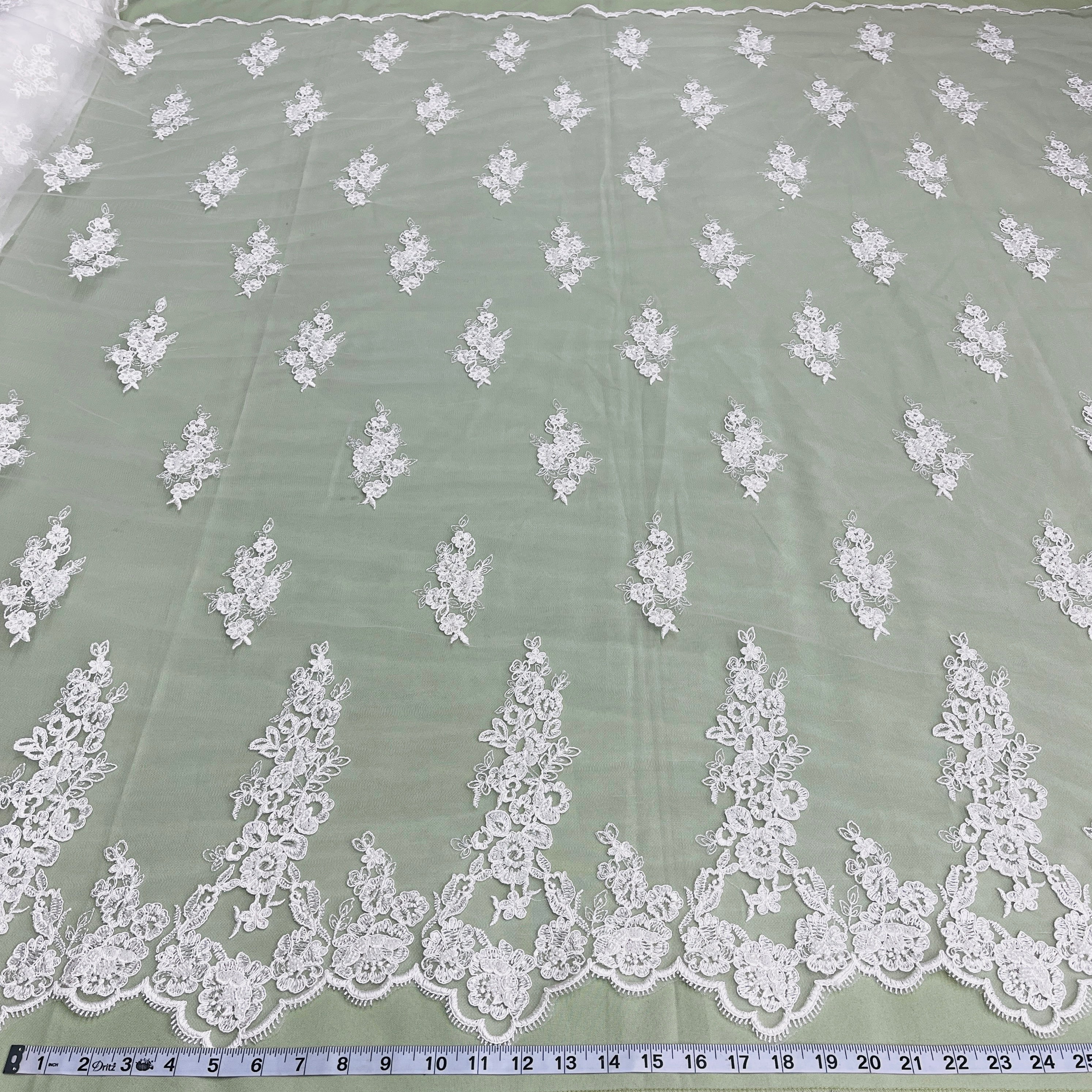 Beaded & Corded Floral Bridal Lace Fabric with Scalloped Border on Net Mesh | Lace USA - 91443W-HB