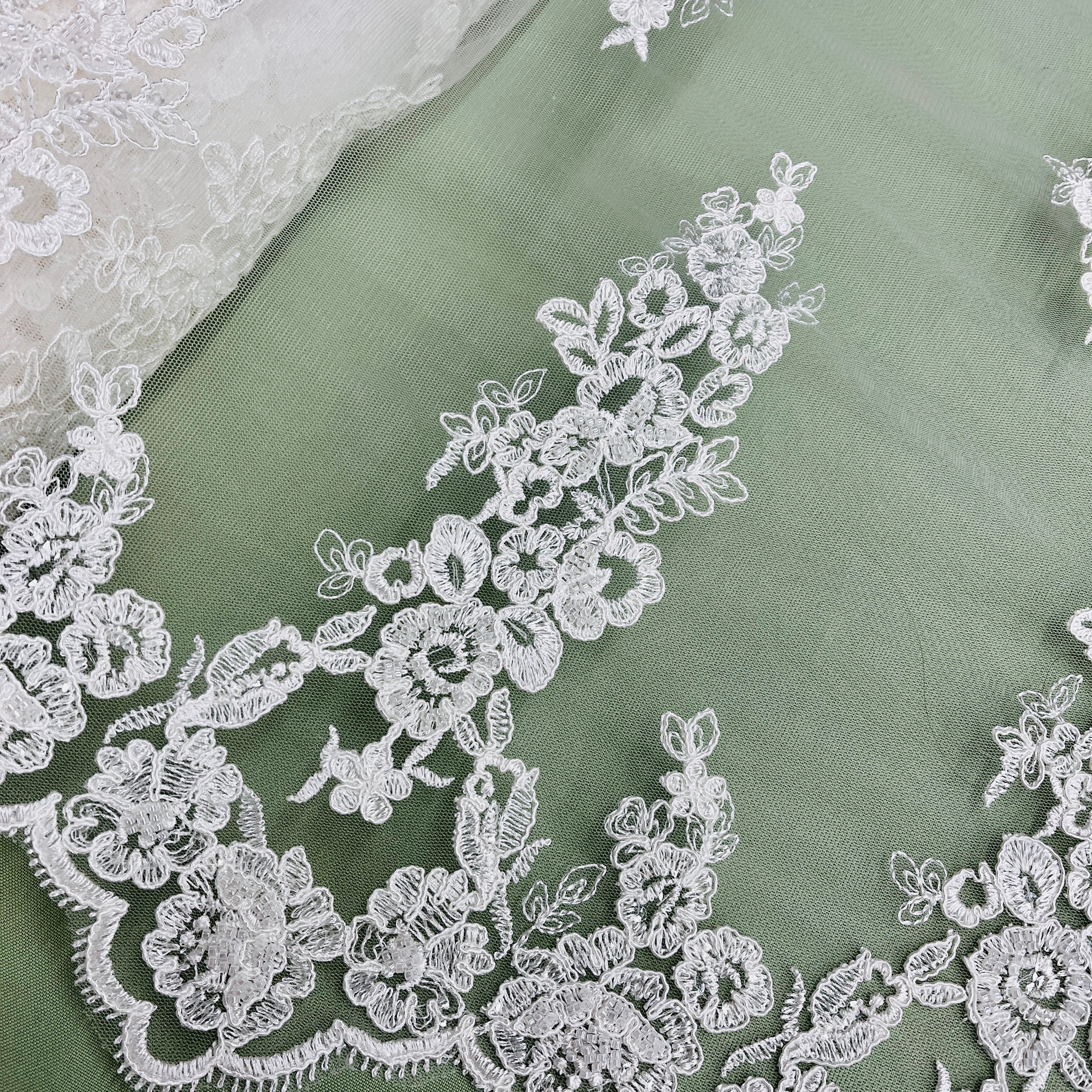 Beaded & Corded Floral Bridal Lace Fabric with Scalloped Border on Net Mesh | Lace USA - 91443W-HB
