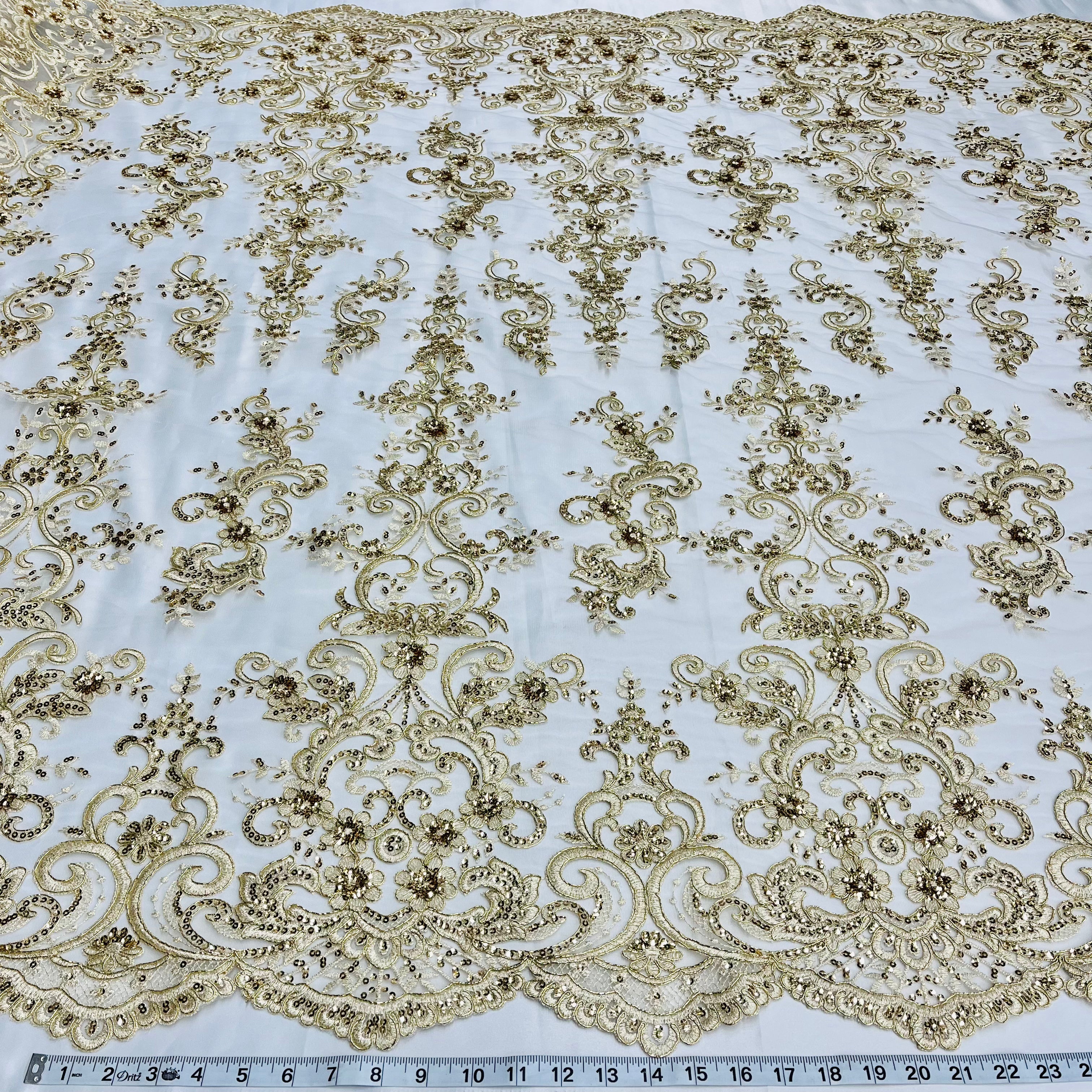 Ethereal Elegance: Beaded & Corded Bridal Embroidered Lace Fabric on Polyester Net Mesh| Lace USA - 97213W-SB