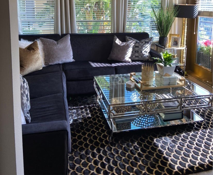 Enchanting Black Mermaid Half Moon Rug with Shimmery Golden Metallic Faux Fur Chinchilla Touch